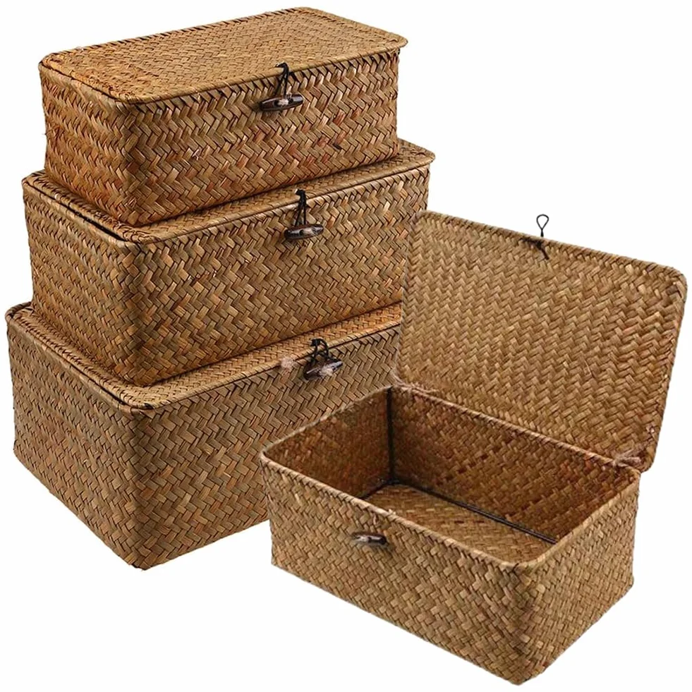 Cesto in rattan con coperchio 3 pezzi, portaoggetti in giunco marino naturale, intrecciato per scaffale