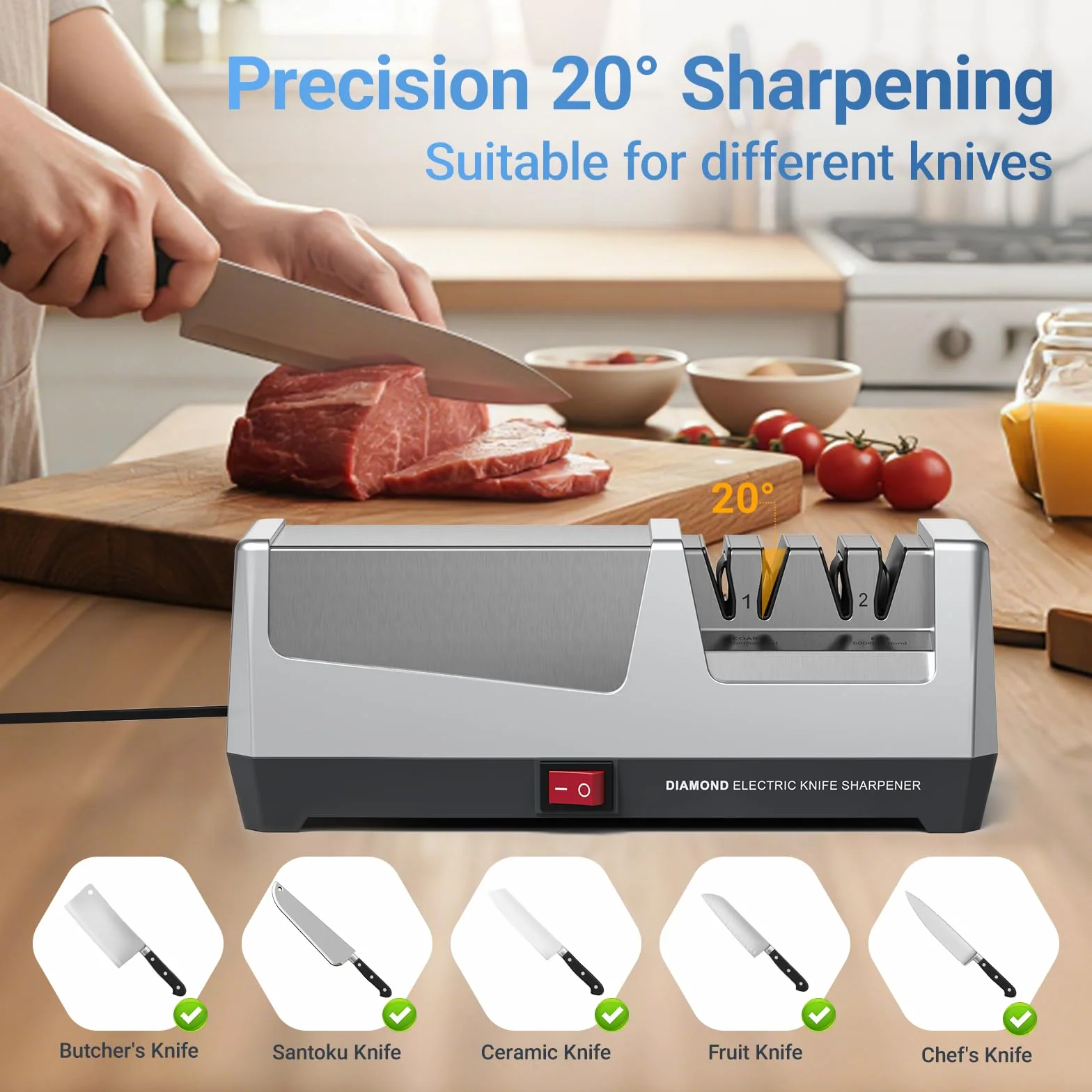 Affilacoltelli Elettrico Professionale 2 Livelli Dischi Diamantati Affilatura Rapida Coltelli da Cucina
