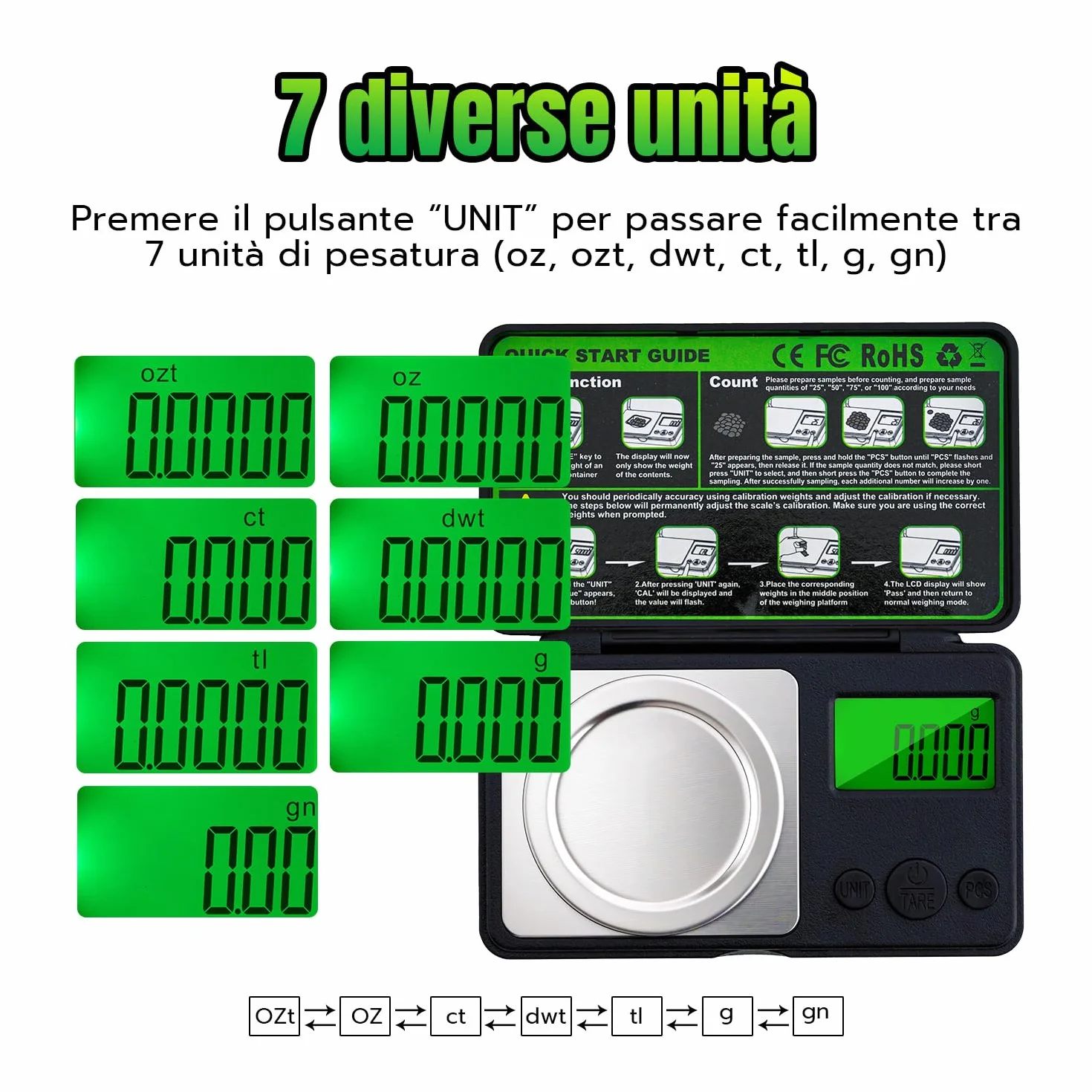 Bilancia ai Milligrammi 50g / 0,001g,Mini Bilancia Tascabile di Precisione con Display LCD,7 Unità,Funzione Tara e Peso di Calibrazione,Bilancino Digitale per Grammi,Oro,Gioielli e Laboratorio