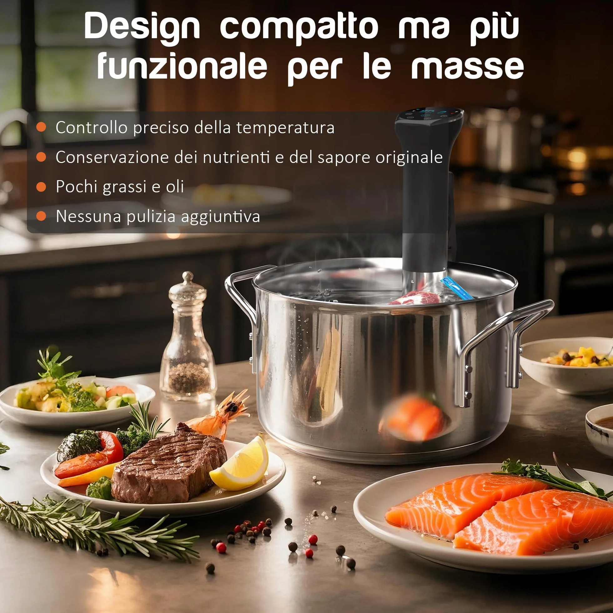 Sous Vide Roner Cucina a Bassa Temperatura Slow Cooker Circolatore IPX7, Touch Screen, Acciaio Inox, 10°C-90°C, 16A