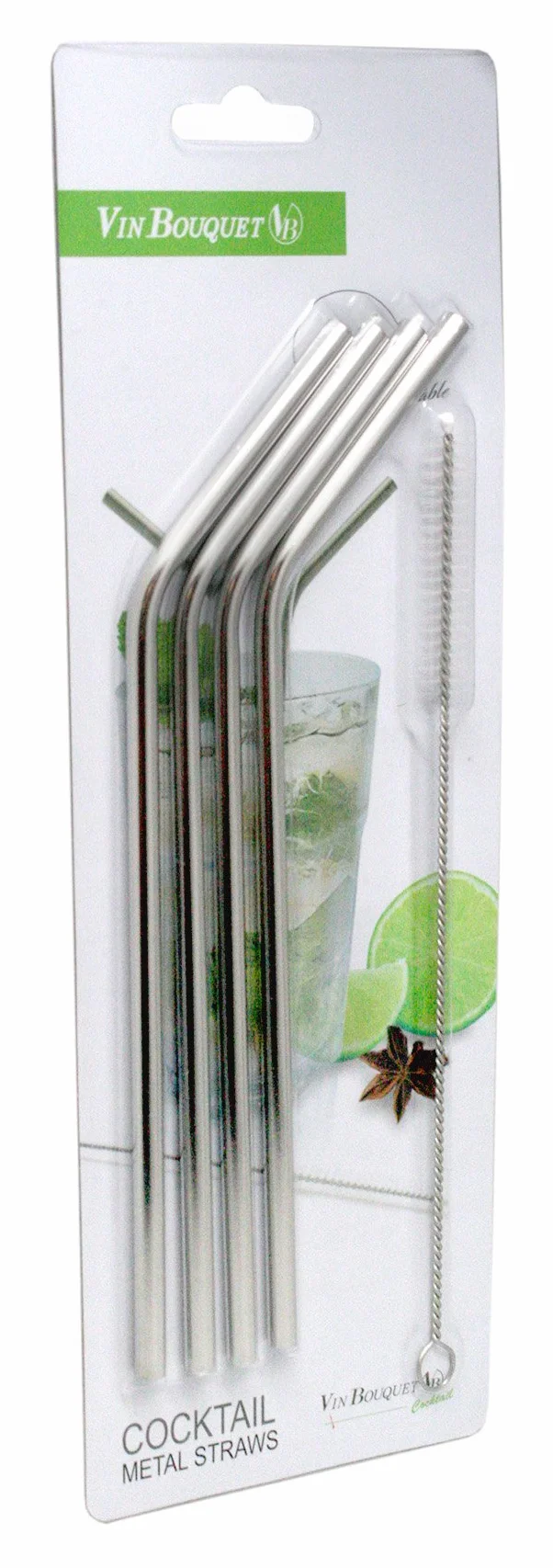 Vin Bouquet FIK 147 cannucce Acciaio Inox riutilizzabili Set 4 con Spazzola Cocktail