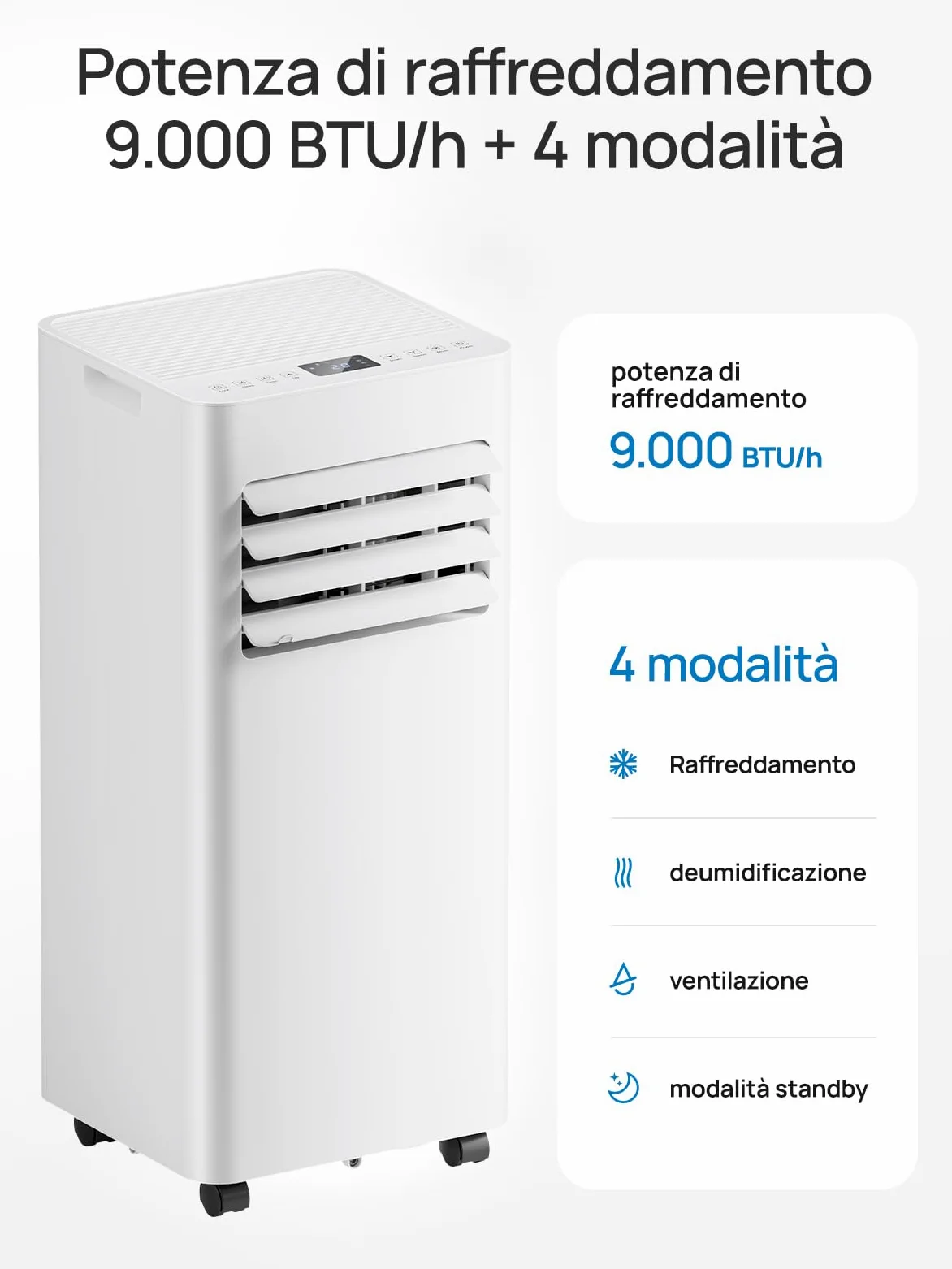 Climatizzatore mobile 9000 BTU, 4 in 1 (raffreddamento/deumidificazione/ventilazione/modalità sleep), telecomando, display LED, timer 24h e sicurezza per bambini, ideale per casa, ufficio, campeggio