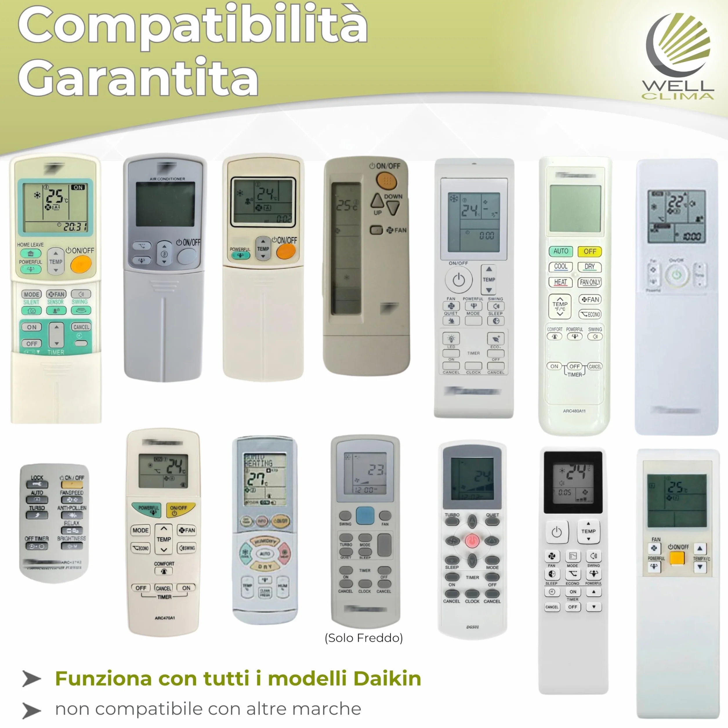 Wellclima Telecomando Universale per Condizionatori Daikin, Compatibilità Garantita, Design Simile all'Originale, Fino a 5 Velocità di Ventola, Istruzioni in 6 Lingue, Assistenza Diretta