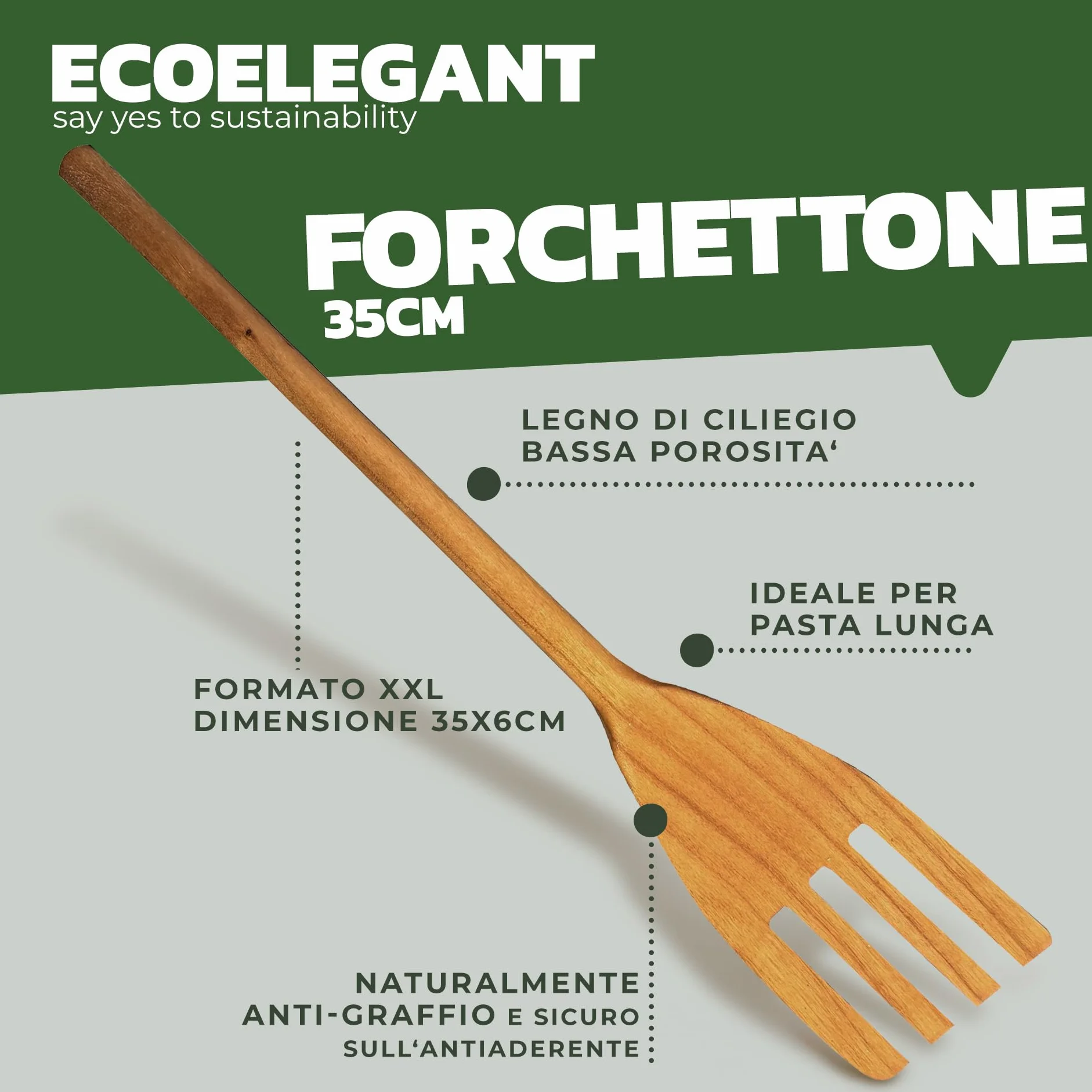 Fackelmann Forchettone multiuso da cucina in legno di ciliegio 35 x 6 x 1,3cm Linea Ecoelegant