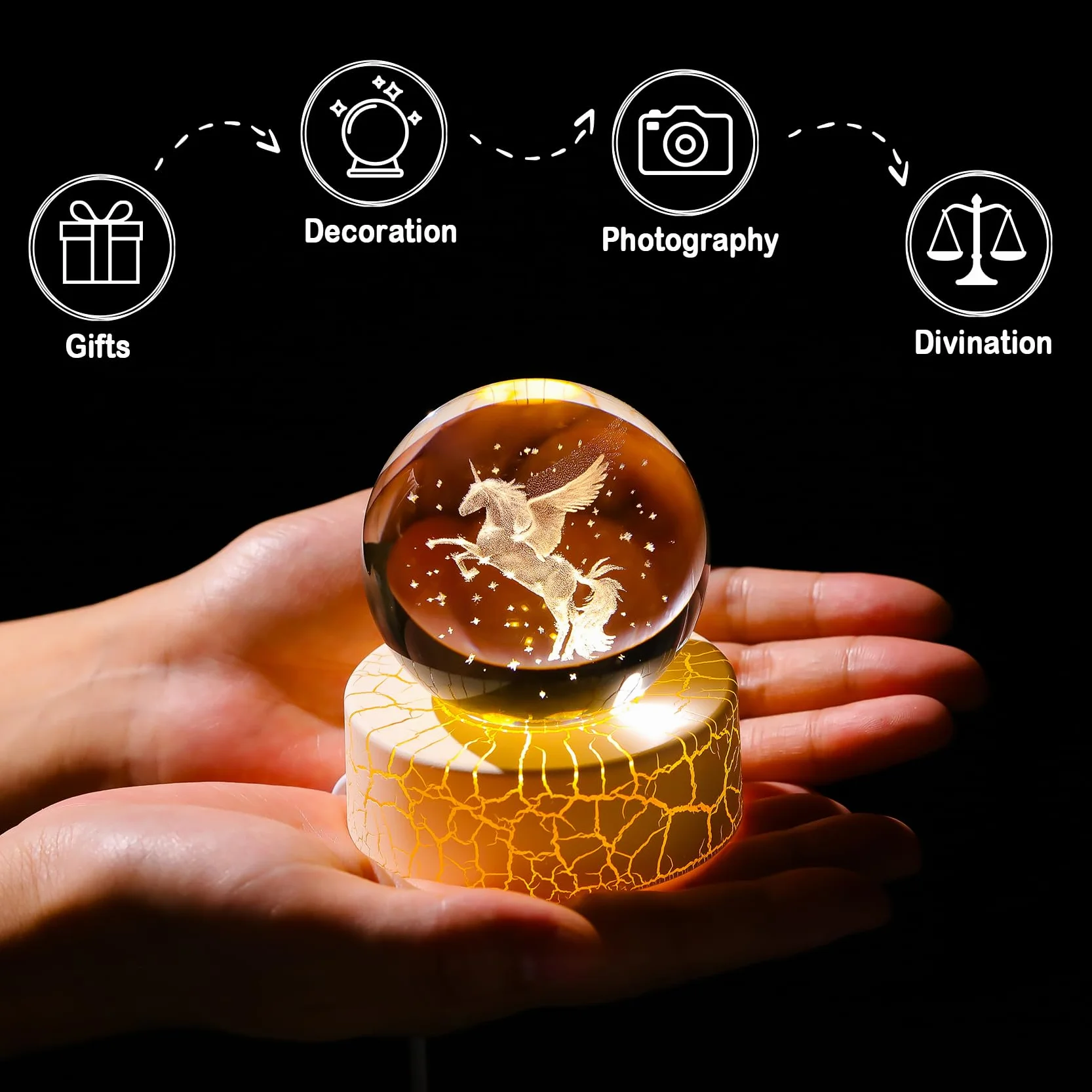 Movdyka Statuetta di cavallo volante in 3D con sfera incisa in cristallo, 6 cm, con luci calde