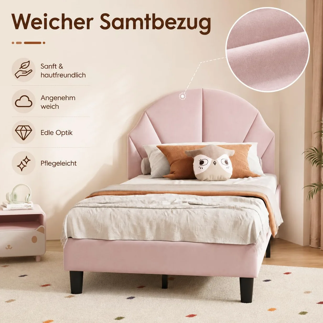Letto singolo 90 x 200 cm, letto per bambini imbottito con rete a doghe per bambina, letto giovane imbottito con testiera regolabile per cameretta dei bambini, senza materasso