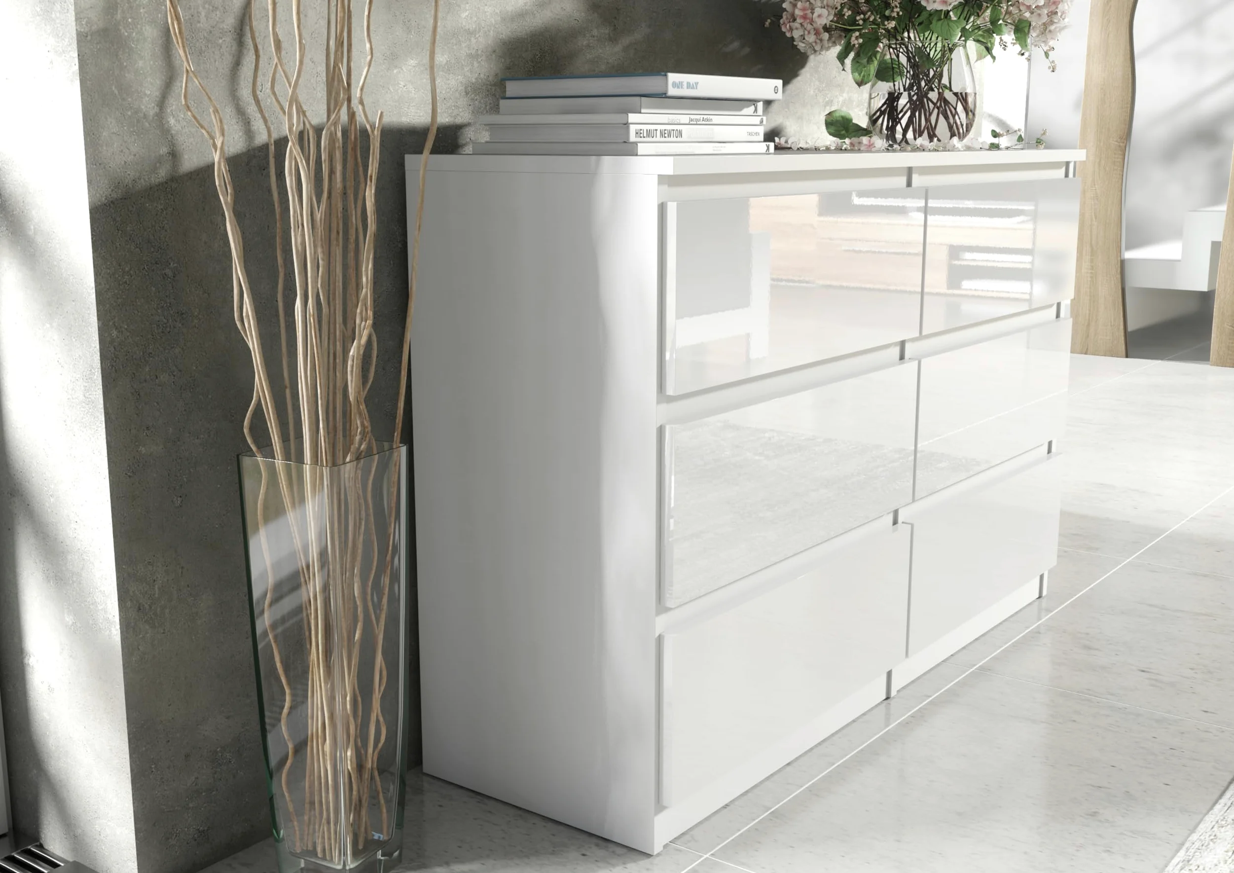 meble masztalerz Cassettiera Camera da Letto con 6 Cassetti - Credenza Soggiorno - Moderna Comò - Cassettiera Alta - Mobiletto con Cassetti - Bianco con Frontale Lucido 120 x 39 x 78,5 cm
