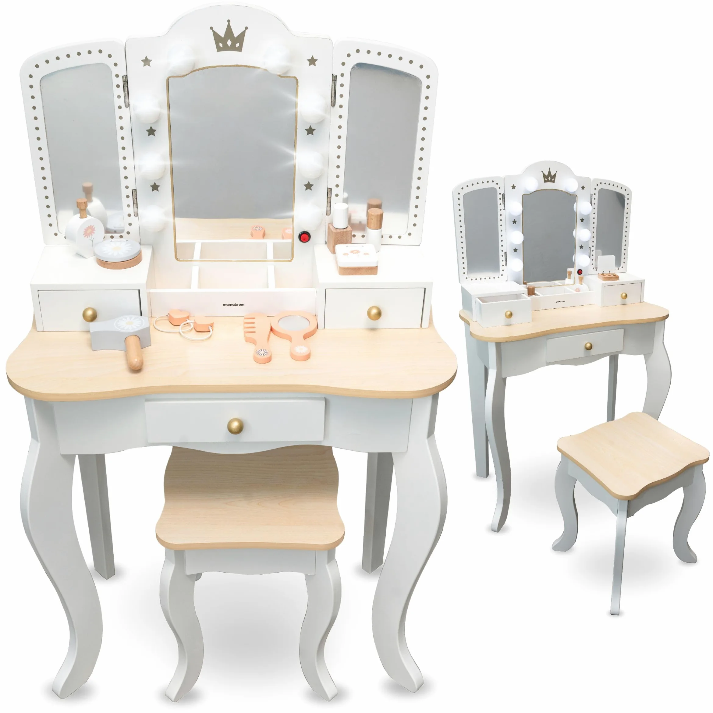 mamabrum Tavolo da Toeletta per Bambini XXL in Legno con Sgabello & Specchio LED – Coiffeuse con Cassetto e Accessori – Scrivania 2-in-1 per Bambine dai 3 Anni