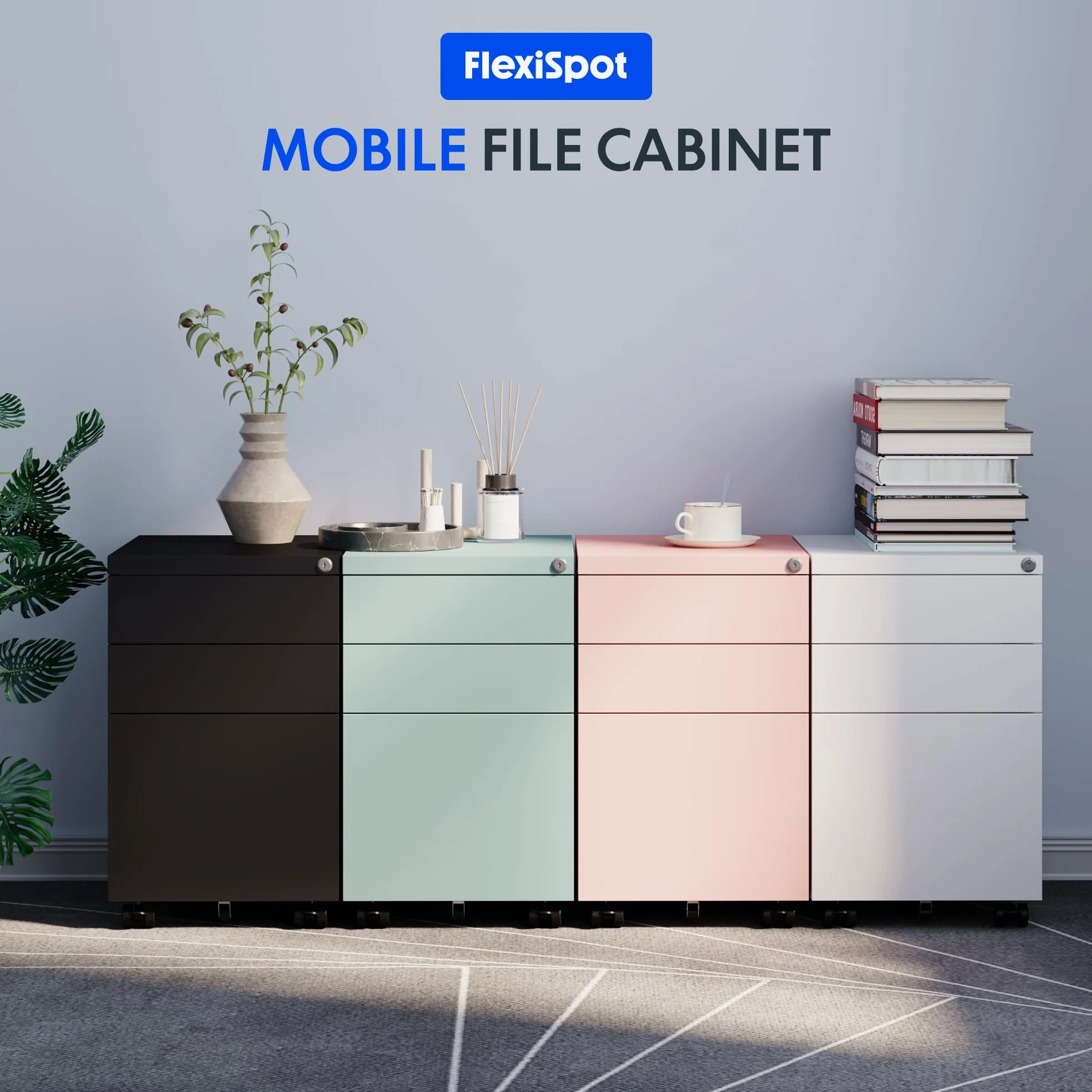 FLEXISPOT schedario con 3 cassetti, cassettiera da ufficio con ruote, armadietto con serratura e sistema anti-ribaltamento, mobiletto porta documenti per casa e ufficio, grigio blu