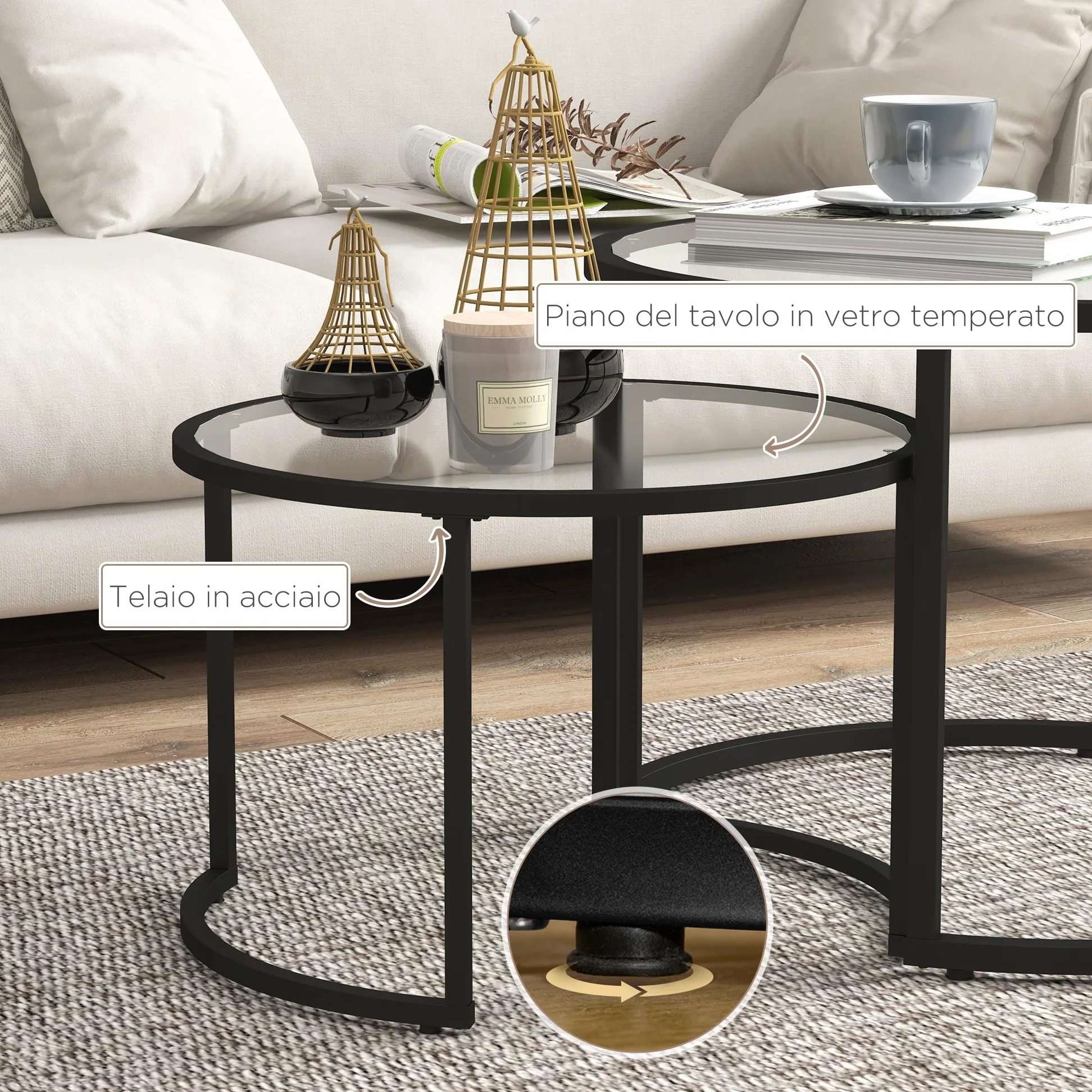 HOMCOM Set di 2 Tavolini da Caffè Impilabili Ø70x47.5cm e Ø54x42.5cm Nero | Sovrapponibili, Tavolini Bassi Rotondi da Salotto, Vetro Temperato e Acciaio, per Soggiorno Camera e Ufficio