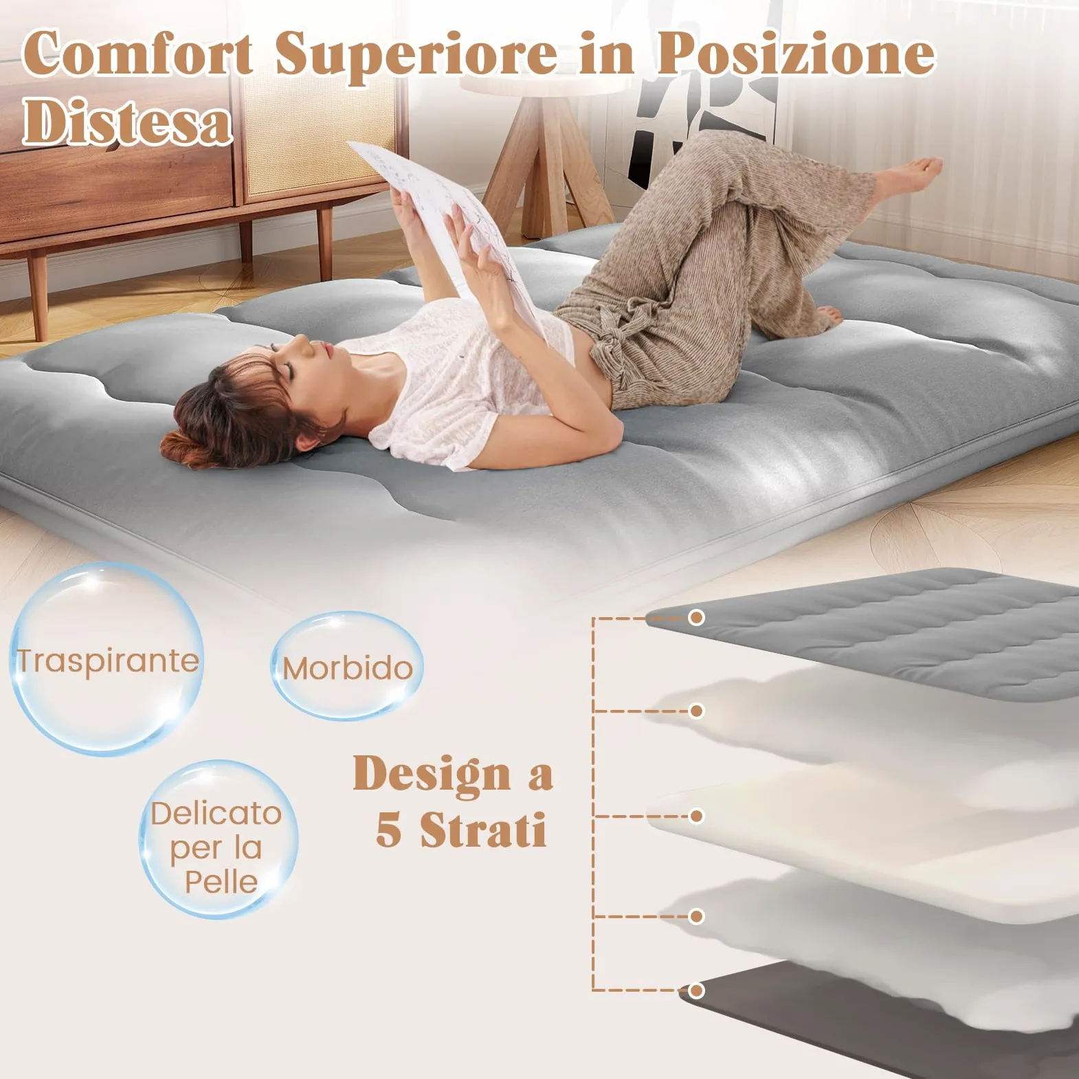 COSTWAY Materasso Futon Pieghevole, Materasso Portatile con Sacca da Trasporto per Camping, Materasso da Terra con Copertura Lavabile (Grigio,200 x 140 cm)