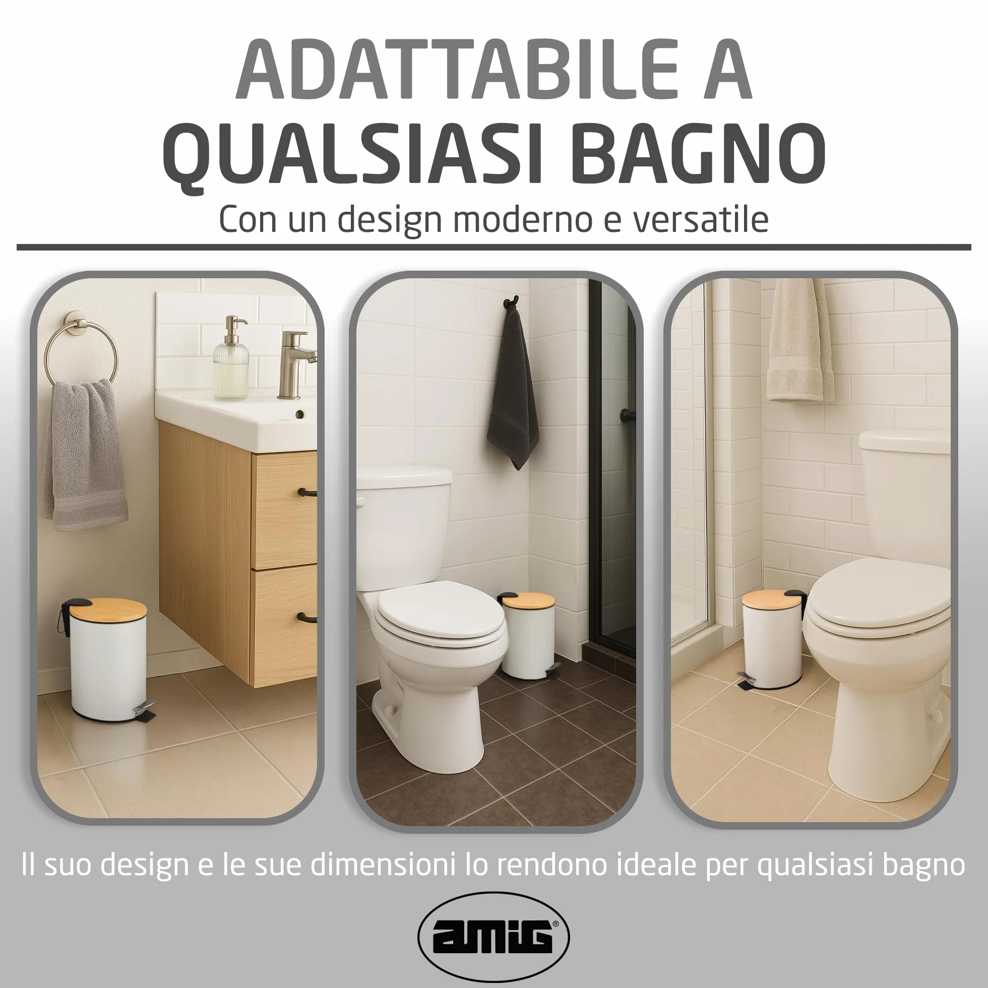 Amig Naturline Pattumiera da bagno con pedale 3 litri bianco bambù acciaio inox