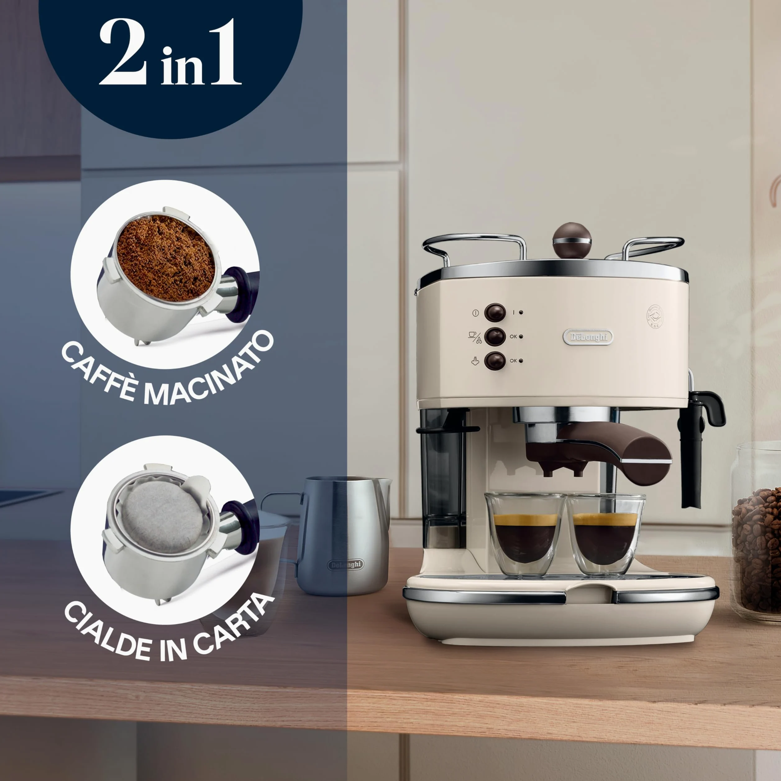 De'Longhi Icona Vintage ECOV 311.BG Macchina da Caffè Espresso Manuale e Cappuccino, Caffè in Polvere o in Cialde E.S.E., 1100 W, Beige