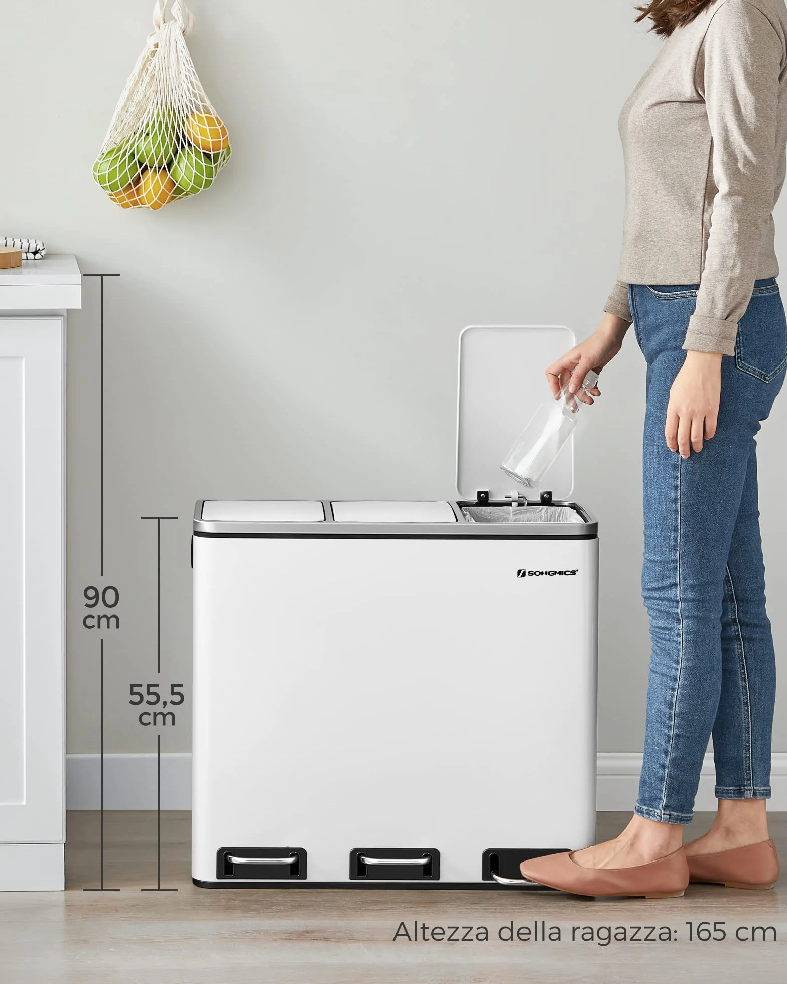 SONGMICS Cestino da Cucina, Pattumiera per Raccolta Differenziata 3 x 18L, 3 Scomparti per Riciclaggio, Coperchi a Chiusura Morbida, Pedali, Acciaio, Bianco Nuvola LTB54WT