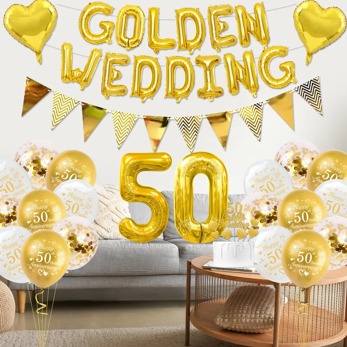 Decorazioni Matrimonio Oro, Decorazioni Anniversario Matrimonio 50 anni Palloncini Happy 50th Anniversary Palloncini Oro Striscioni 50 Golden Wedding Cake Topper