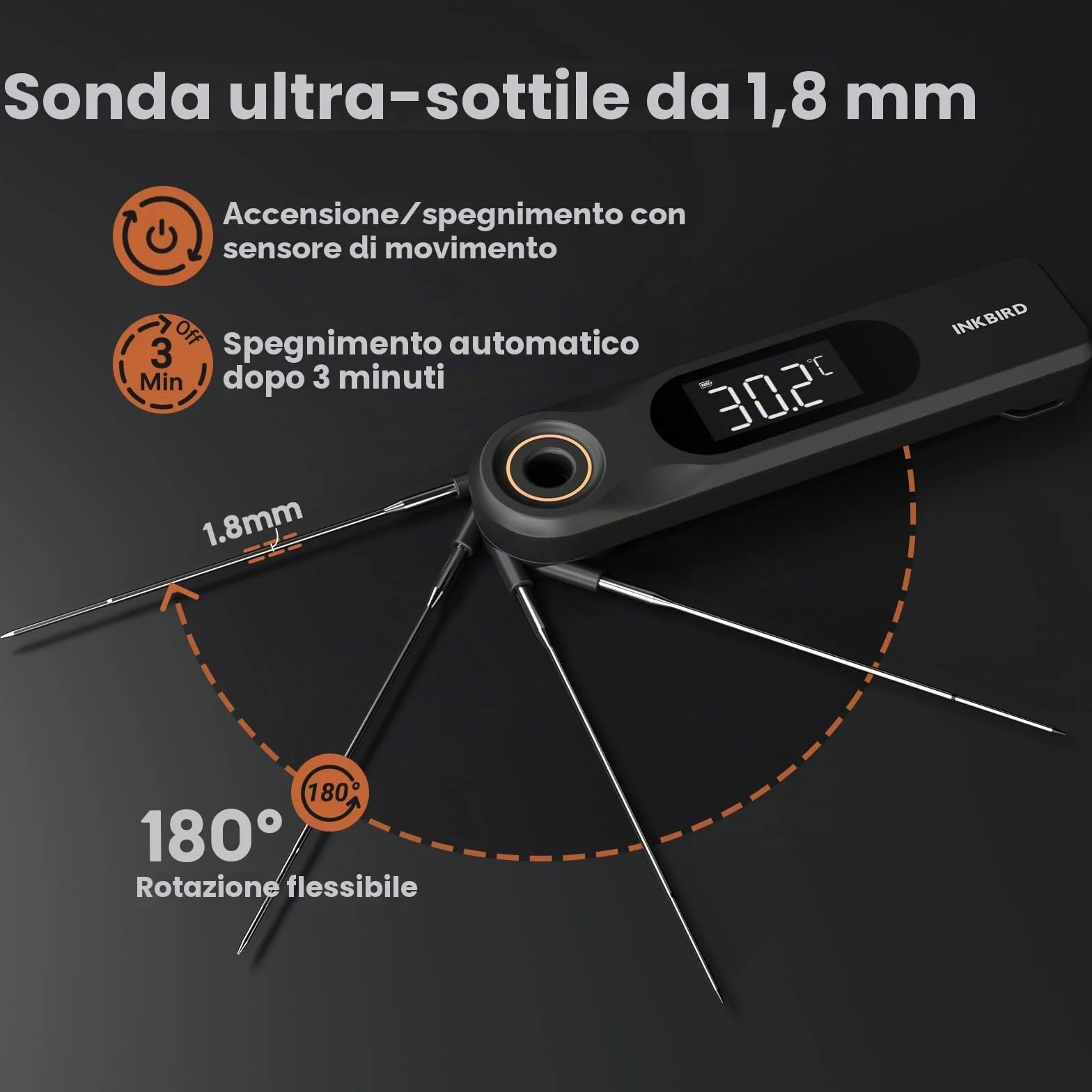 INKBIRD Termometro Alimentare a Lettura Istantanea a Doppio Display,Due Schermi,Risposta Super Rapida 0,5 Sec,Impermeabile IP65 Corpo Intero,Ideale per Cucina, Grigliate,Forno,Preparazione Bevande