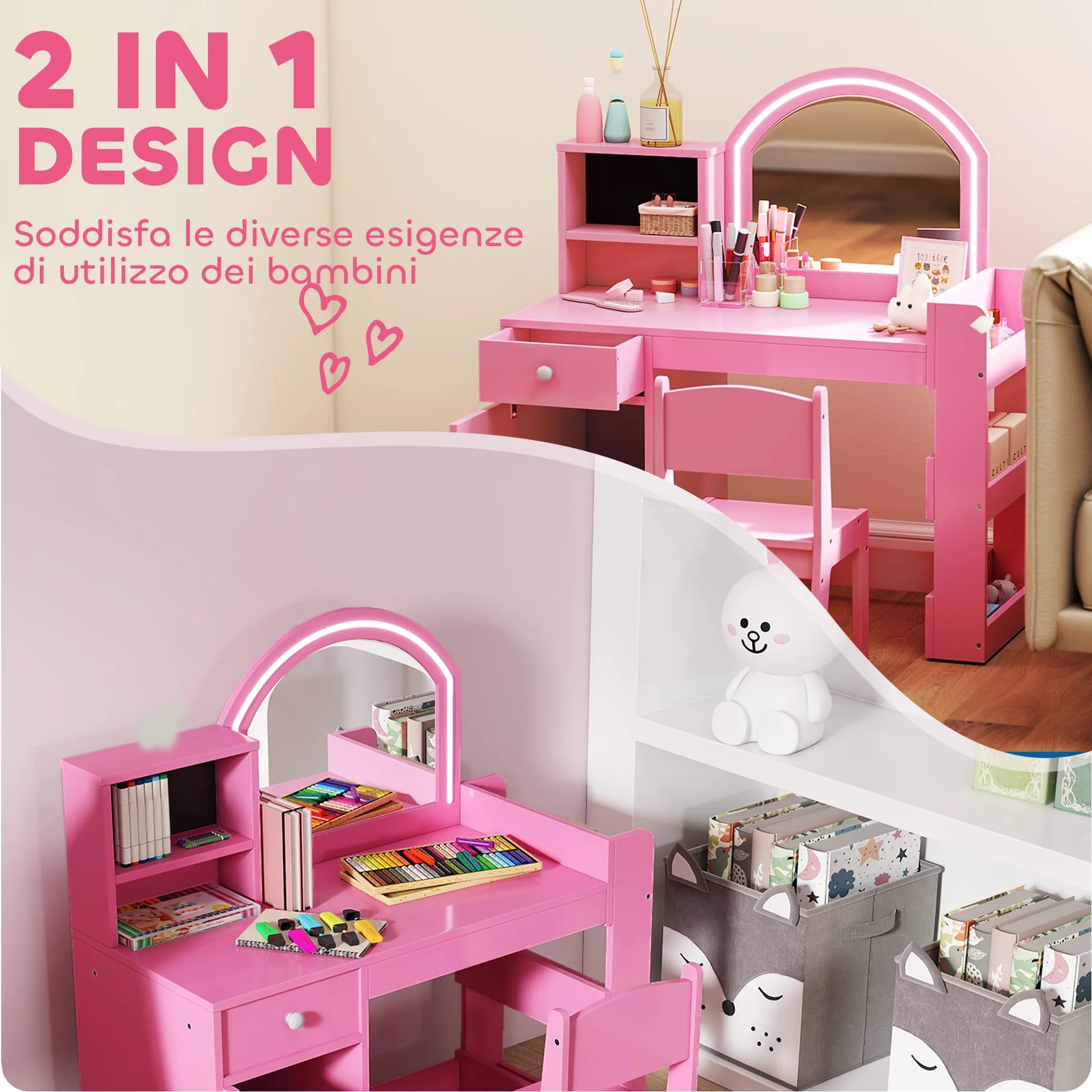 AIYAPLAY Set Toeletta Trucco per Bambini 3-8 Anni 2 in 1 con Specchio Illuminato e Sedia, Postazione Trucco in Legno con Luce LED a 2 Colori, Armadietto, Scaffali e Libreria, Rosa