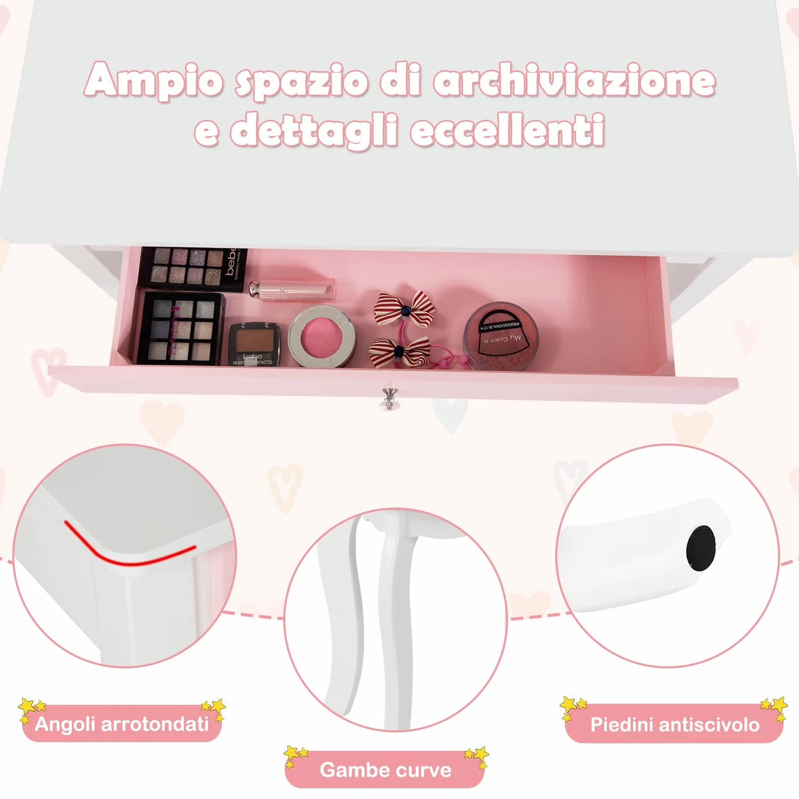 RELAX4LIFE Set Toeletta in Legno con Sgabello, Tavolo da Trucco con Cassetto con 3 Specchi per Bambini, Kit Toeletta da Trucco con Sedia per Bambine, Giocattolo da Trucco per Bambini (Bianca)