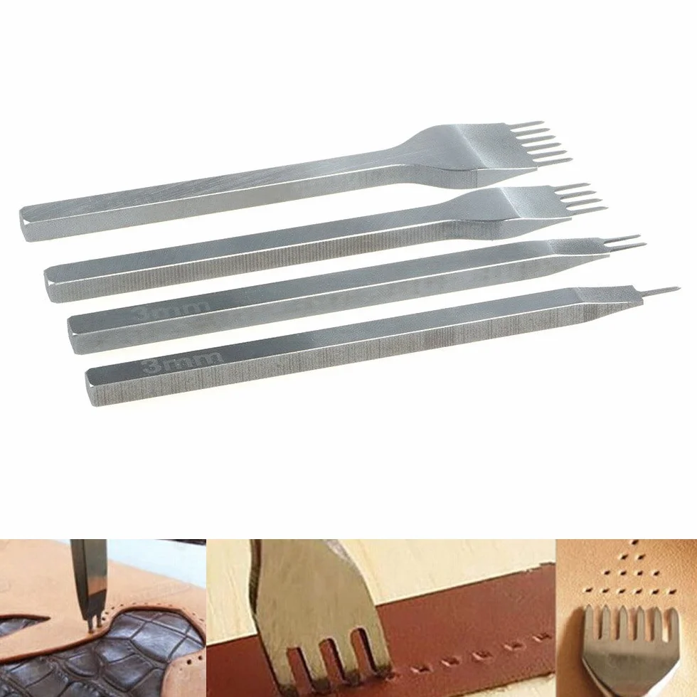 Leathercraft Tools - 4pcs Punzoni 3-6mm 1 + 2 + 4 + 6 Denti Cuciture Scalpello Tool , Strumento Pelle Punzoni Coltello per Pelletteria Foro Punzonatrice per Fai Da Te, Fare Punti di Cucitura Perforatore, Stitching Hole Punch