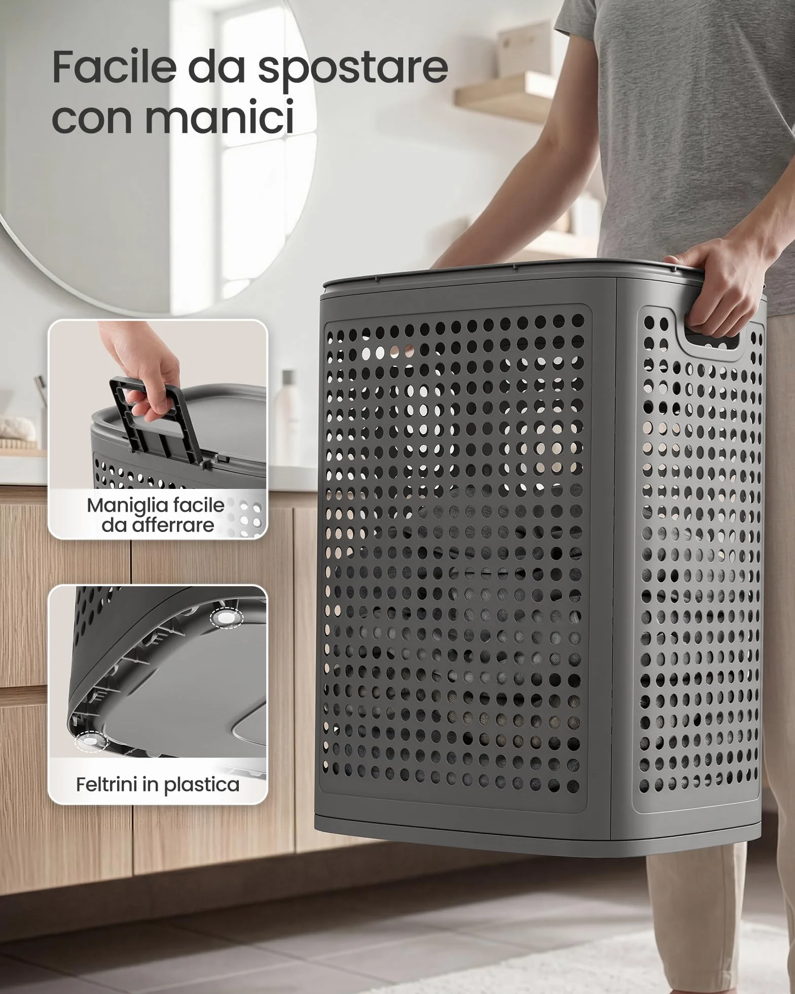 SONGMICS Cesto Portabiancheria con Coperchio, Cesta Portabiancheria Sporca in Plastica, 75 L, Porta Biancheria Slim, Bagno Lavanderia Camera da Letto, Grigio Scuro RLH021G101