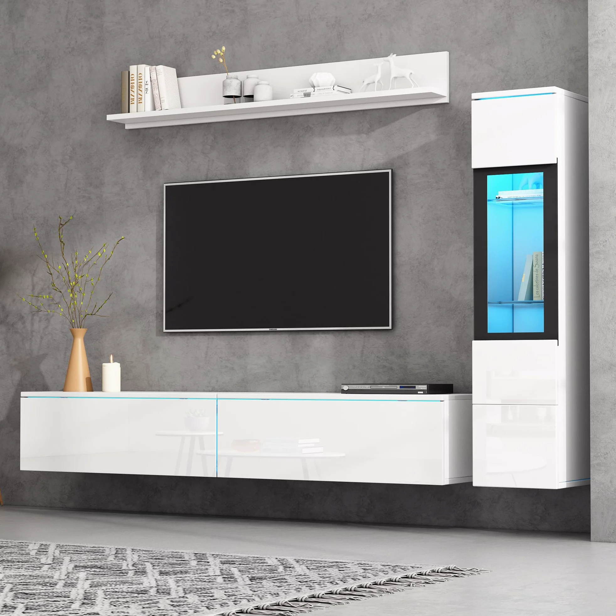 KAZZIO Set da parete per TV, 3 pezzi, illuminazione a LED, lucido, per soggiorno, 1 armadio per TV, 1 vetrina per soggiorno, 1 mensola da appendere (bianco)