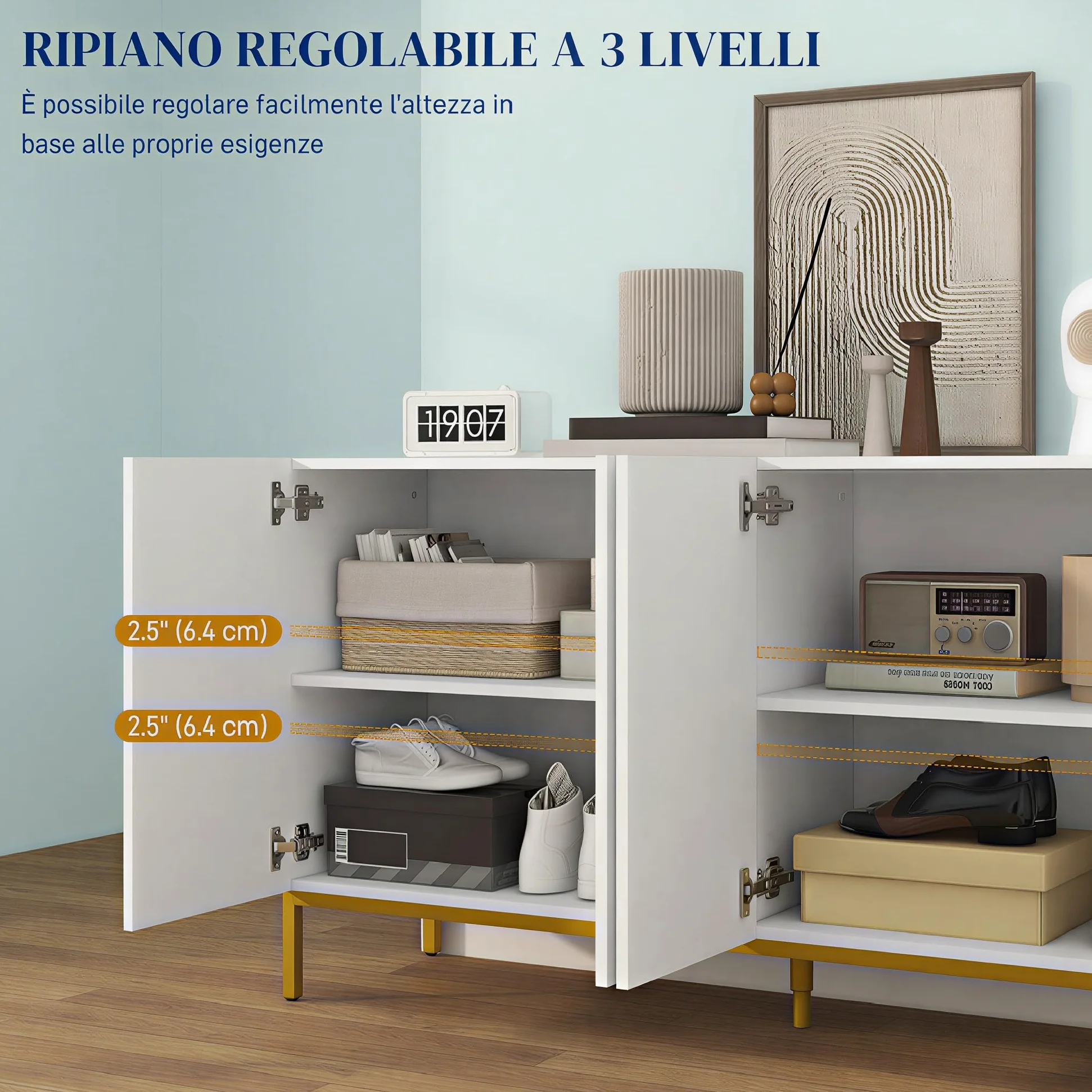 HOMCOM Credenza Moderna con 4 Ante e Mensole Regolabili Mobile da Soggiorno e Salotto con Chiusura Soft Close Bianco e Oro