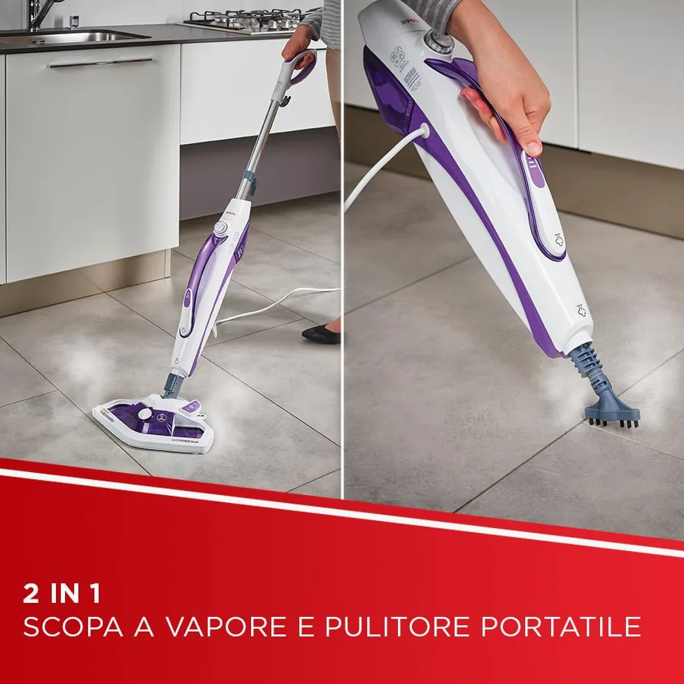 Polti Vaporetto SV440 Double, Scopa a Vapore 2 in 1 con Pulitore Portatile, Potenza Max 1500 W, 11 Accessori Inclusi, Riscaldamento in 15 Secondi, Serbatoio Estraibile, Bianco e Viola