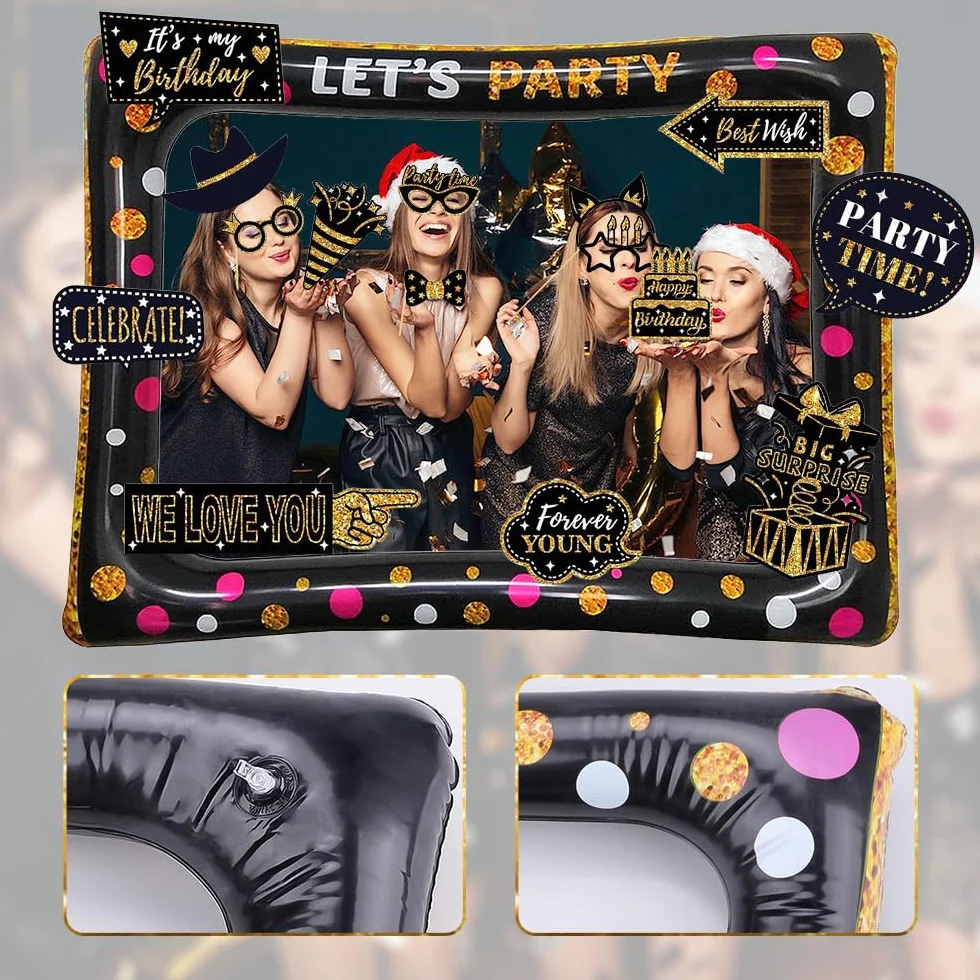 37 Pezzi Cornice per Foto Compleanno, Oro Nero Photo Booth Kit, Cornice per Selfie, Accessori Fai da Te per Festa