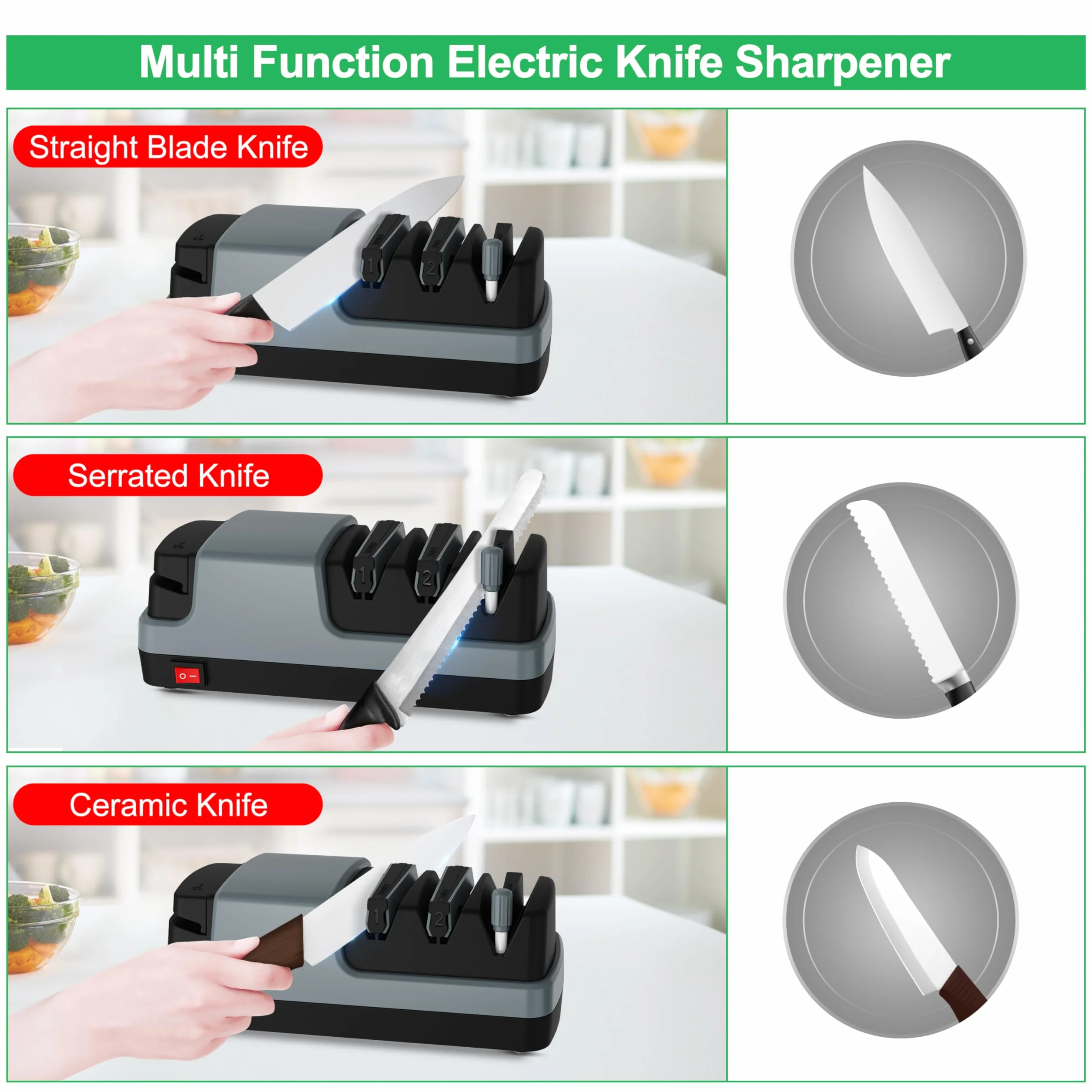 Affilacoltelli elettrico 4 in 1 per lame dritte, seghe, ceramica, grigio