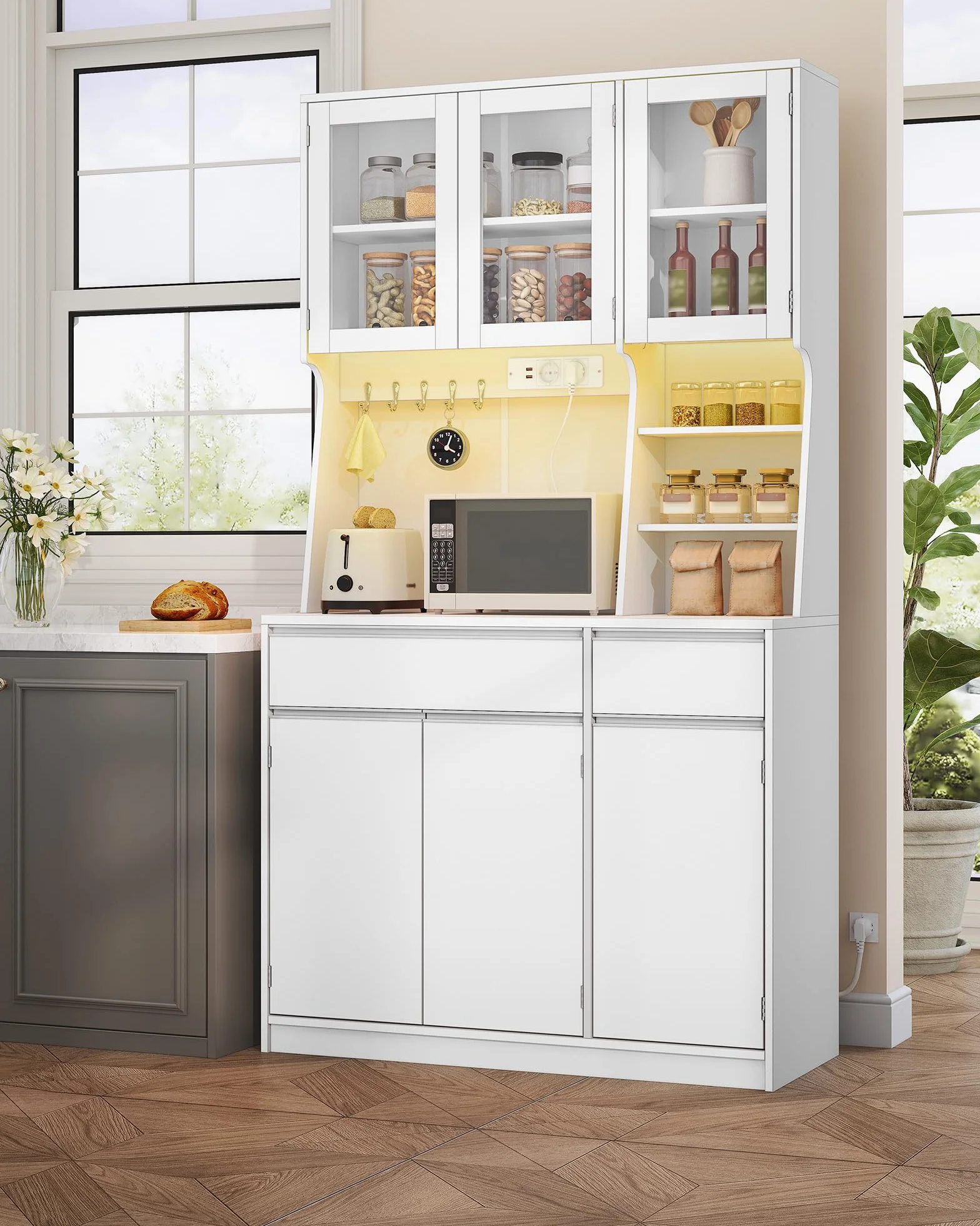 Hzuaneri Credenza cucina, mobile buffet, armadio domestico con multipresa e striscia luminosa a LED, piano di lavoro e 2 cassetti, ripiani regolabili, cucina, soggiorno, 40x100x180cm, Bianco
