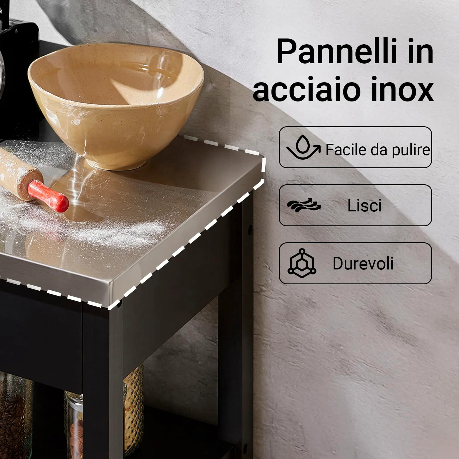 SoBuy Carrello cucina salvaspazio con piano di lavoro – Mobile cucina con ruote, ideale come mobiletto cucina, credenza compatta o mobile microonde – Disponibile in Nero 60x92x45cm FKW22-SCH