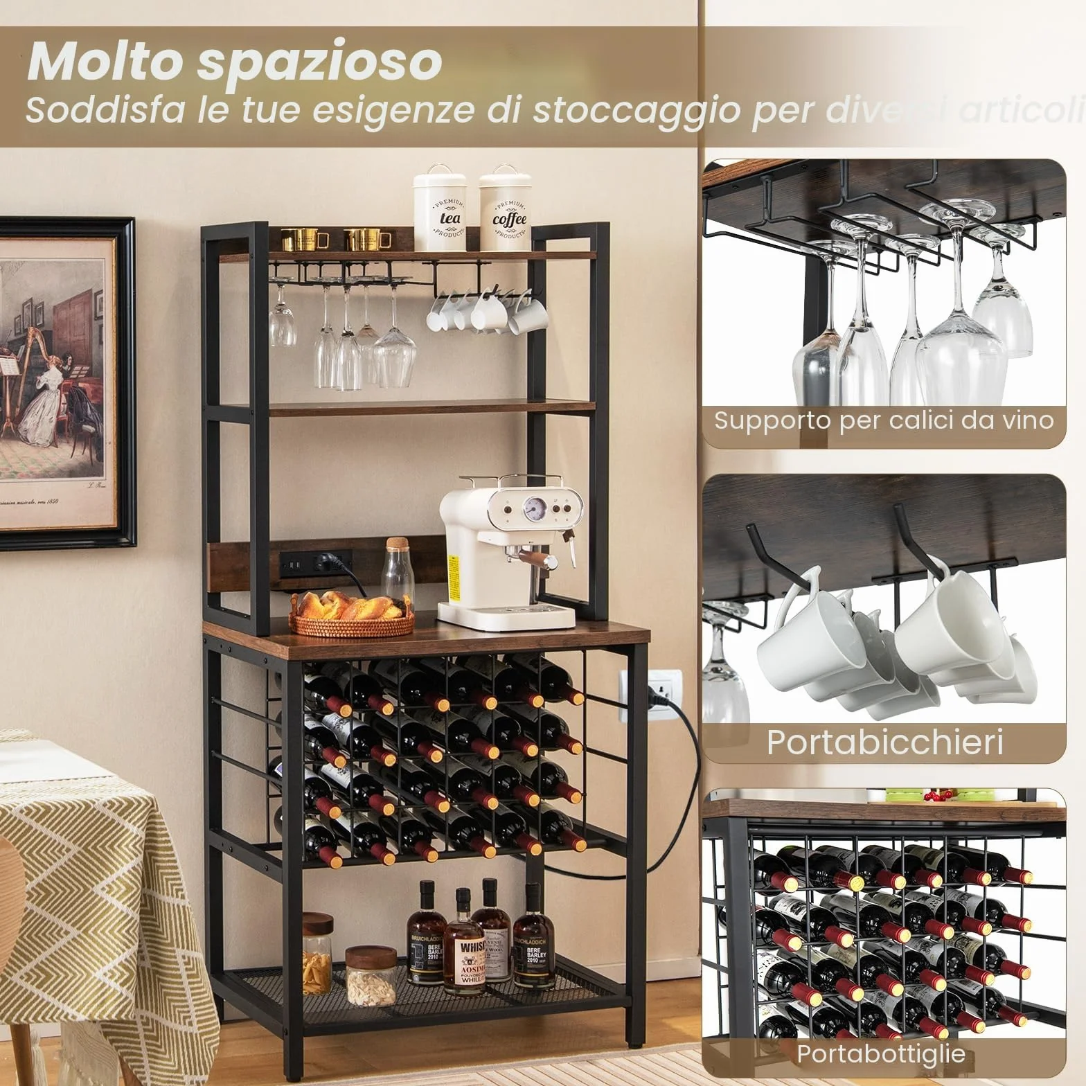 GIANTEX Scaffale Da Cucina Con Prese e Porte Usb, Armadietto Per Vino Con Supporto In Vetro Per 24 Bottiglie e 9 Bicchieri, Scaffale a 4 Livelli, 76 x 48 x 163 cm