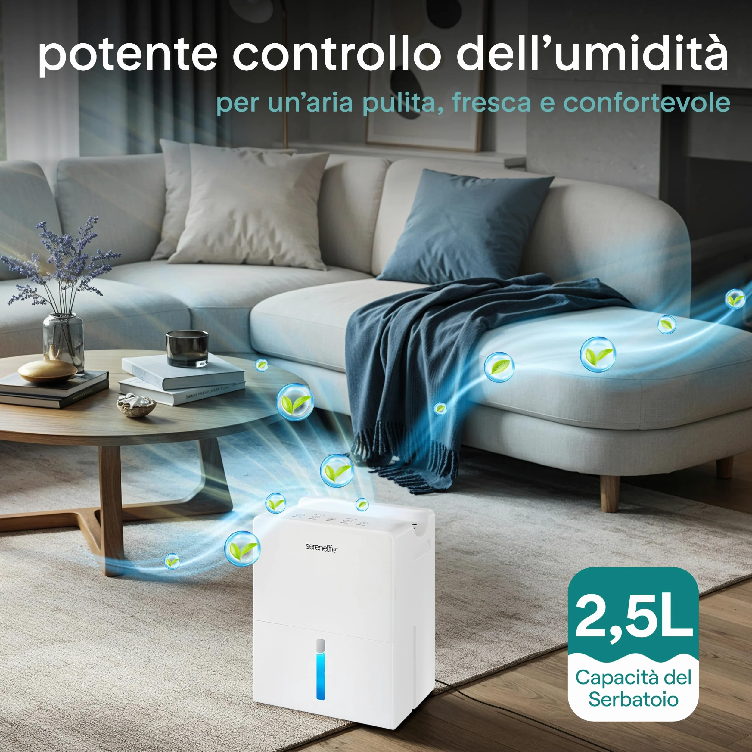 SereneLife Deumidificatore 2-in-1 Bianco 23 x 15 x 33 cm, Filtro Integrato, Serbatoio 2,7 L, Cilindro Removibile e Base Asciugatura, Timer, Modalità Sonno, Casa, Ufficio, Camera, Bagno, SLARP800WT