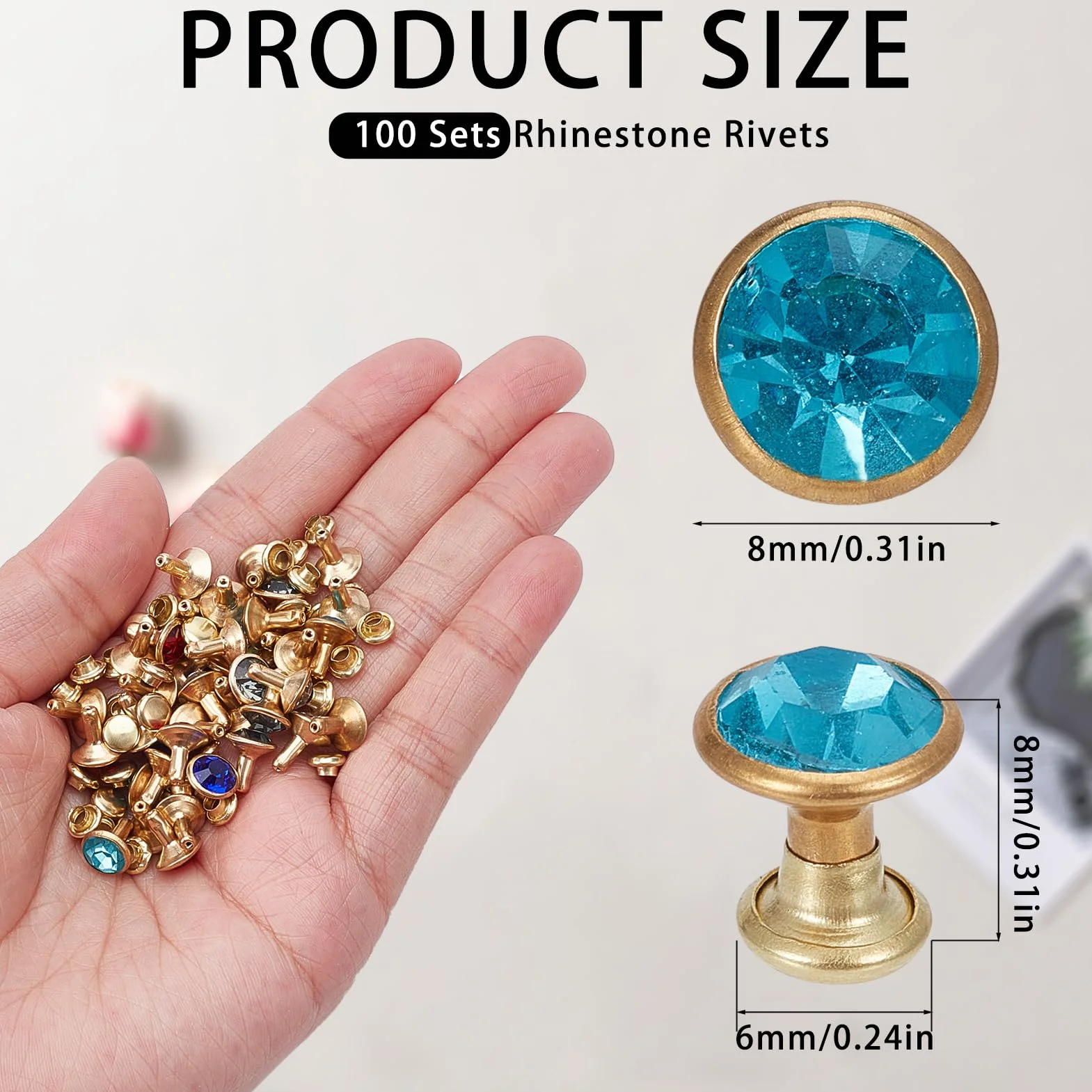 NICENEEDED 100 Set Rivetti con Strass 8mm Cristallo 5 Colori per Artigianato Pelle