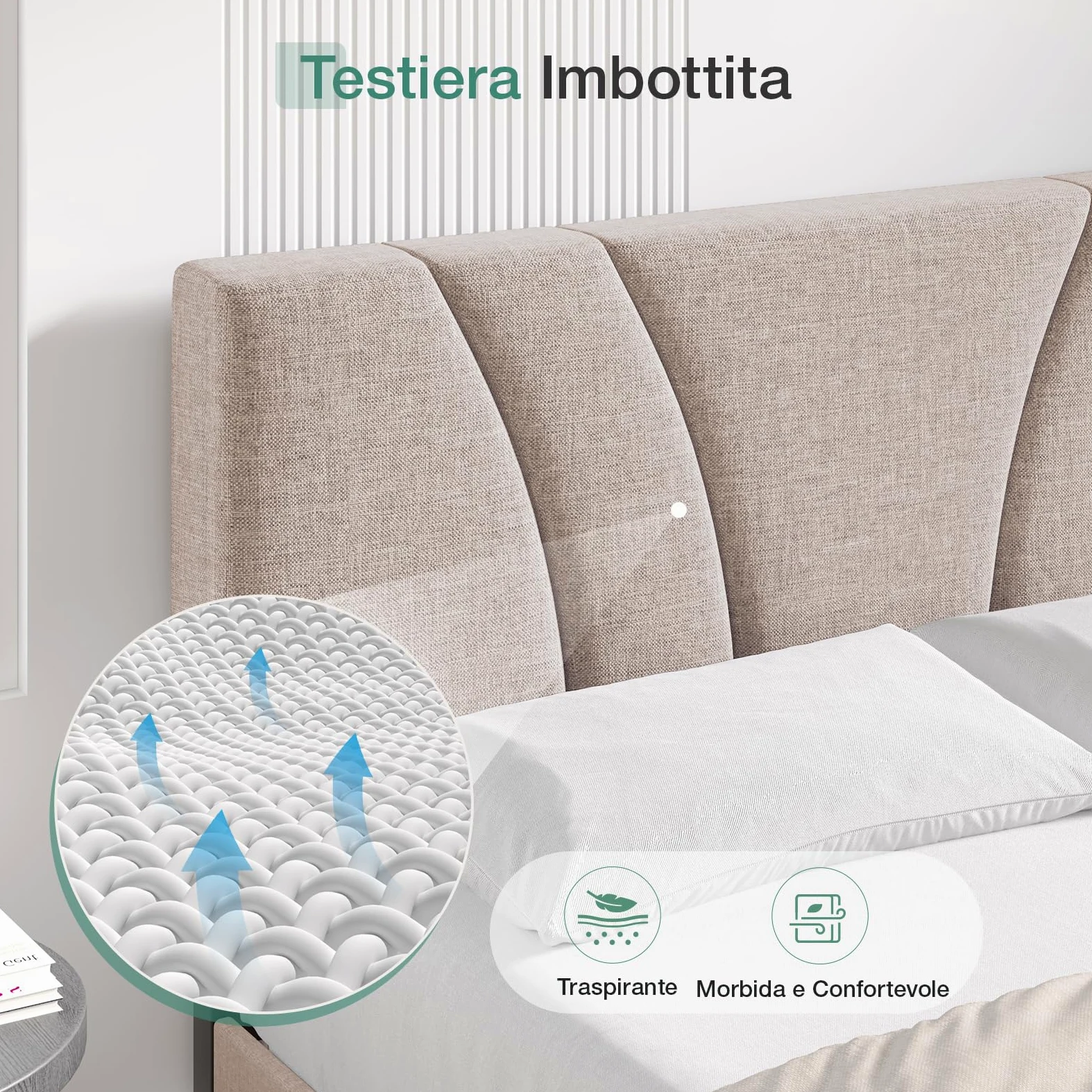 Novilla Telaio del Letto Matrimoniale 180x200 Rete Letto a Piattaforma Imbottito con Testiera Imbottita e Schienale, Supporto per Doghe in Legno, Facile da Montare, Beige