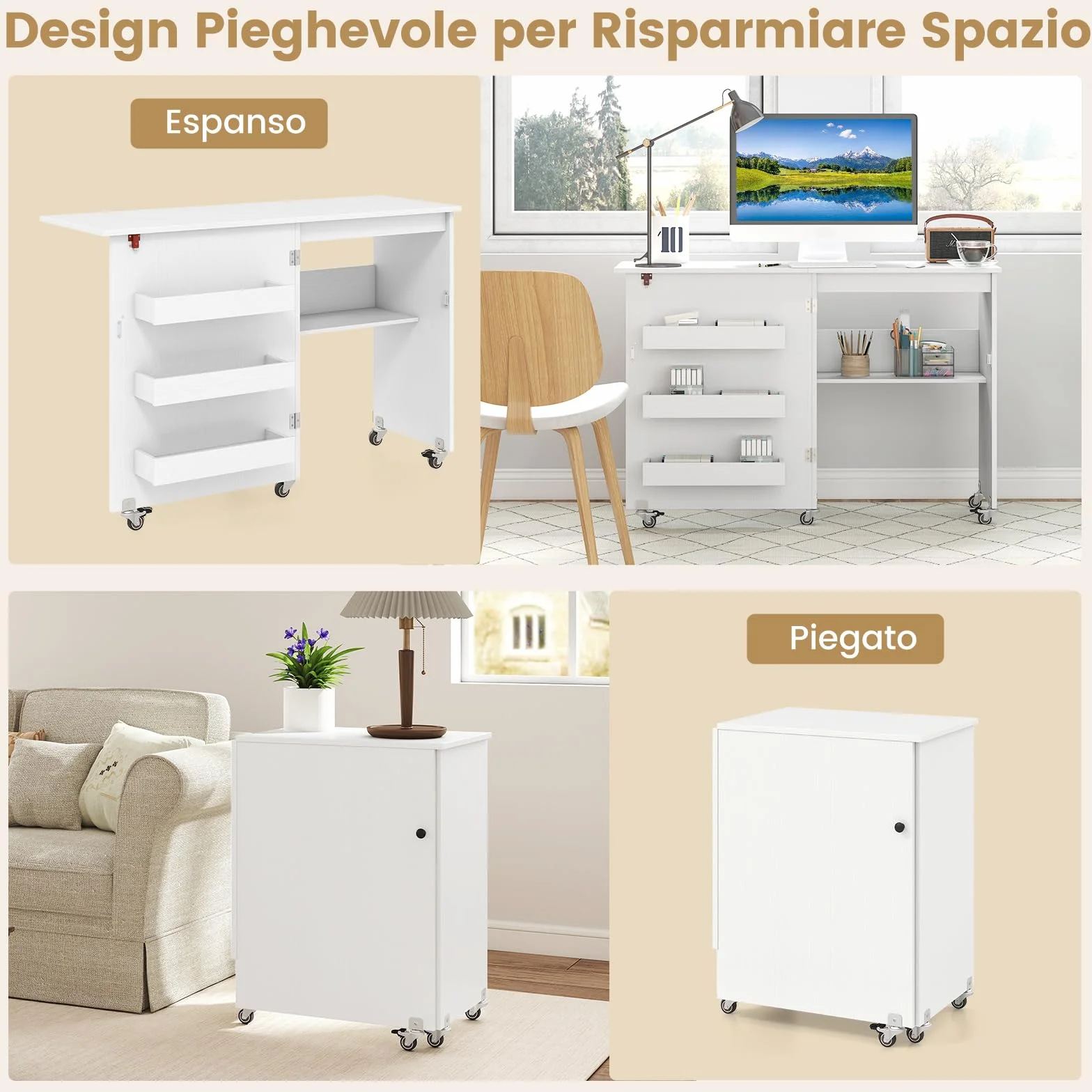 RELAX4LIFE Tavolo da Cucito Pieghevole con Ampio Piano del Tavolo, 3 Vani, Ripiano Portaoggetti,Mobiletto Salvaspazio con Ruote per Ago, Filo e Forbici (Bianco, Senza Prese)