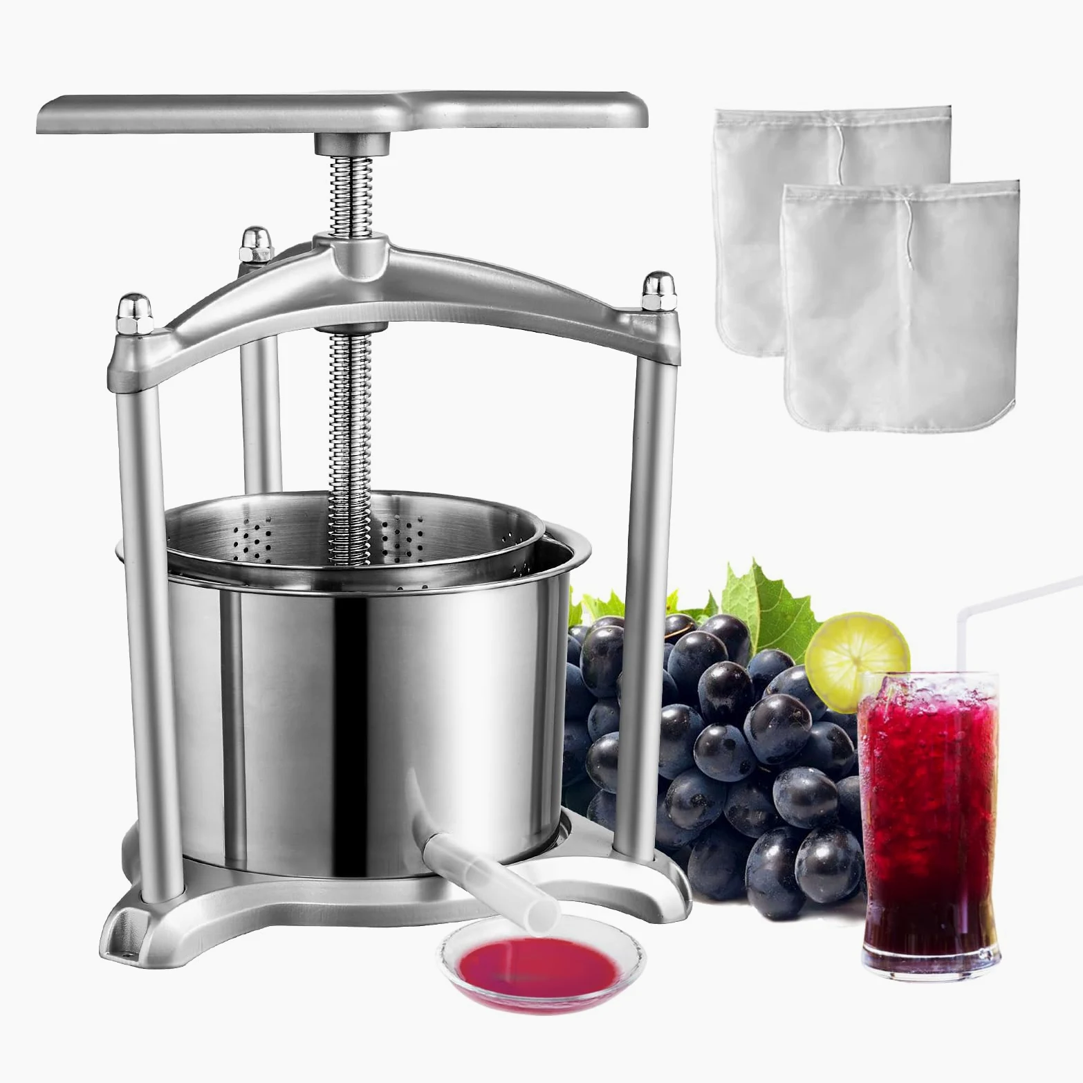 VEVOR Spremiagrumi per vino frutta, 5,5 l, 2 fusti in acciaio inox, macchina per succo manuale, sidro, mela, uva, verdure, miele, olio d'oliva con manico a T, struttura triangolare per cucina