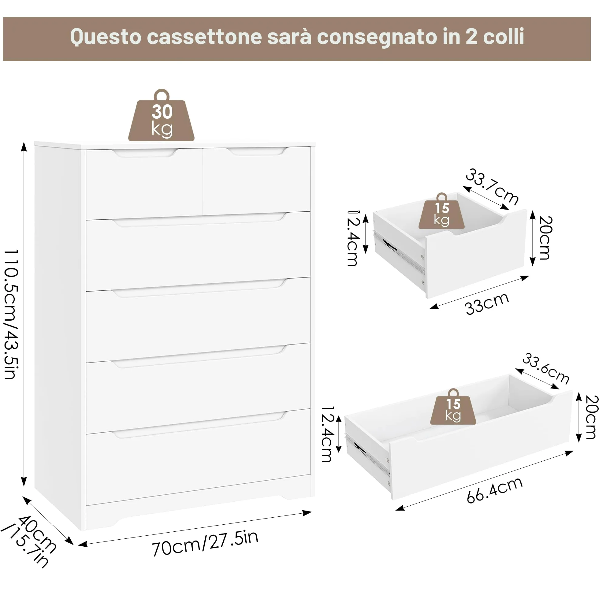HOCSOK Cassettiera a 6 Cassetti, Comò Camera da Letto, Cassettiera Salvaspazio in Legno, Moderna Mobiletto Multiuso per Soggiorno Sala da Pranzo Corridoio, Bianco, 110.5 x 70 x 40 cm