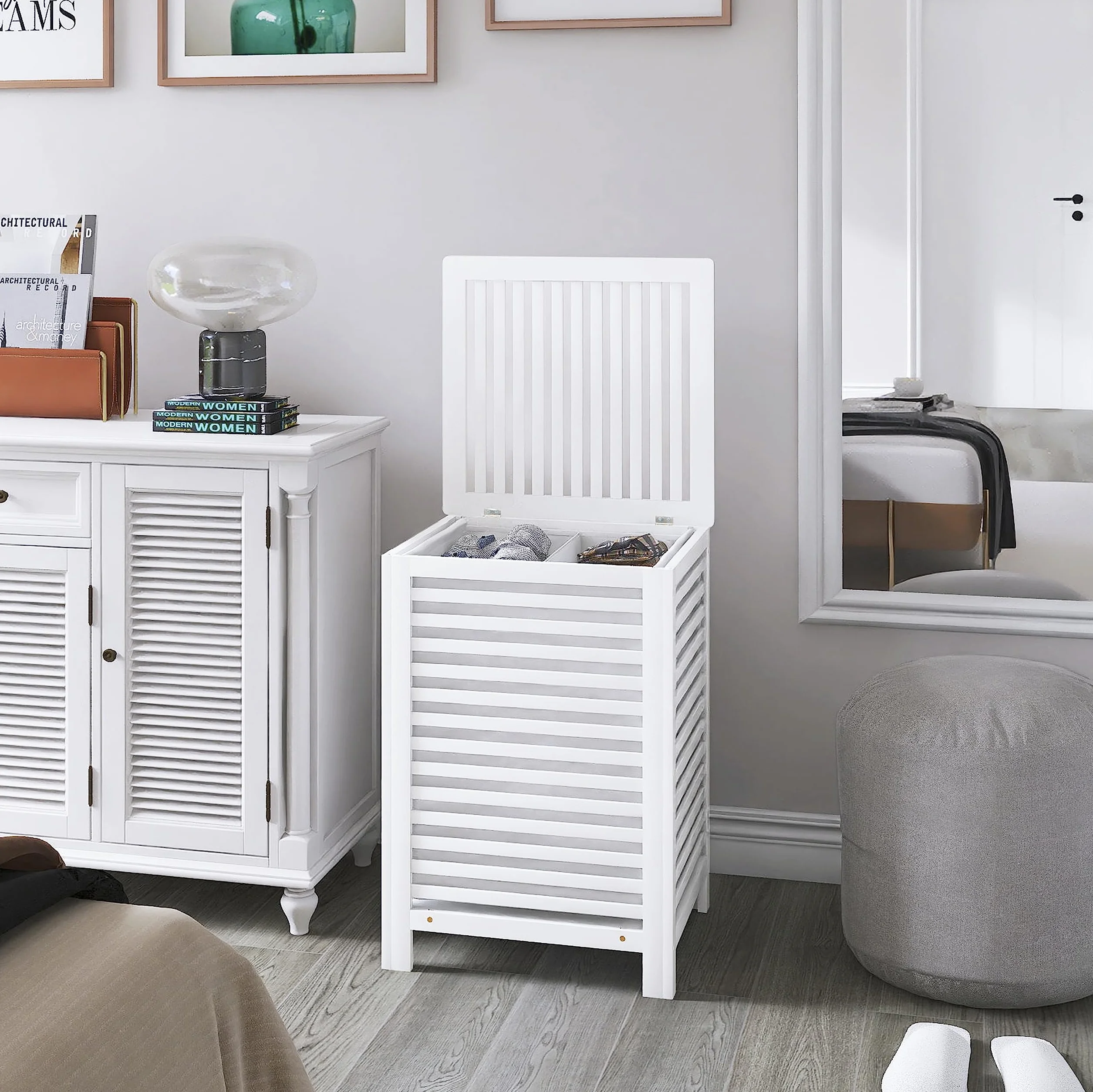 SMIBUY doppio cesto per biancheria con coperchio, cesto per biancheria in bambù da 120 litri con sacchetto di fodera rimovibile per lavanderia, bagno, camera da letto (bianco)