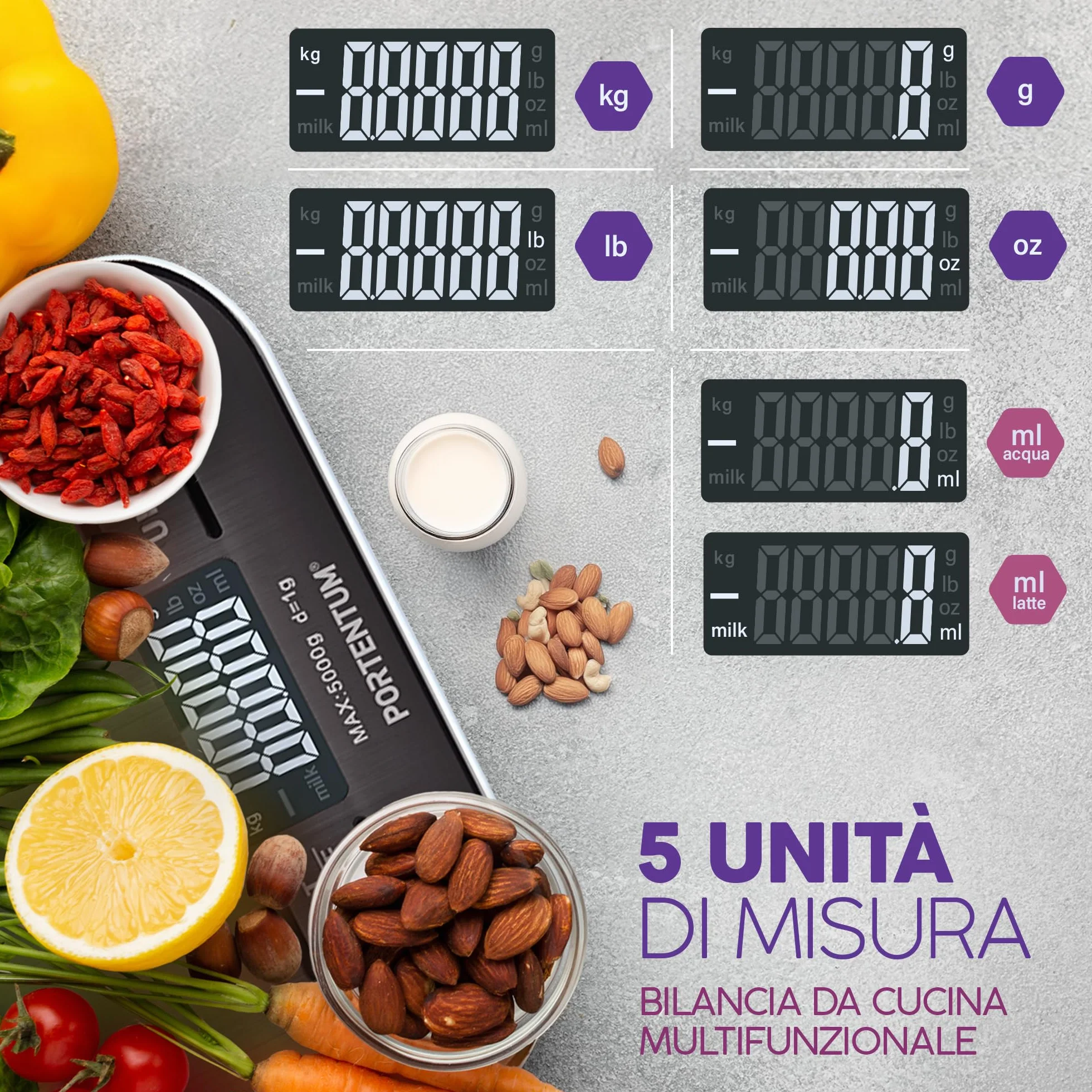 PORTENTUM Bilancia da Cucina Acciaio Inossidabile 5 kg LCD, Nero