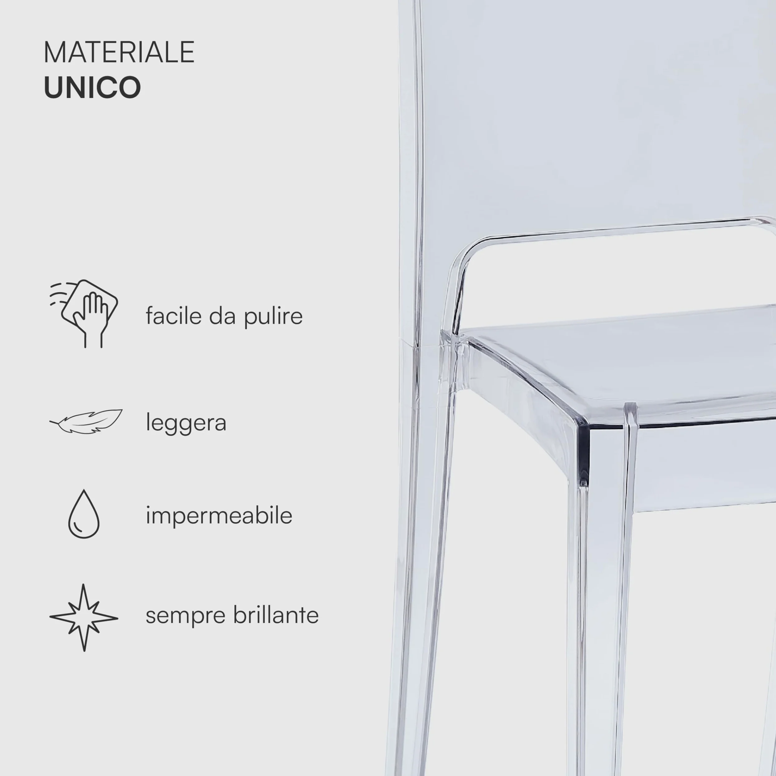Baroni Home Set 4 Sedie Trasparenti, Sedie Impilabili Moderne, Leggere e Resistenti, Gommini Antiscivolo, Sala da Pranzo, 34,5x48,5x85 cm, Trasparente