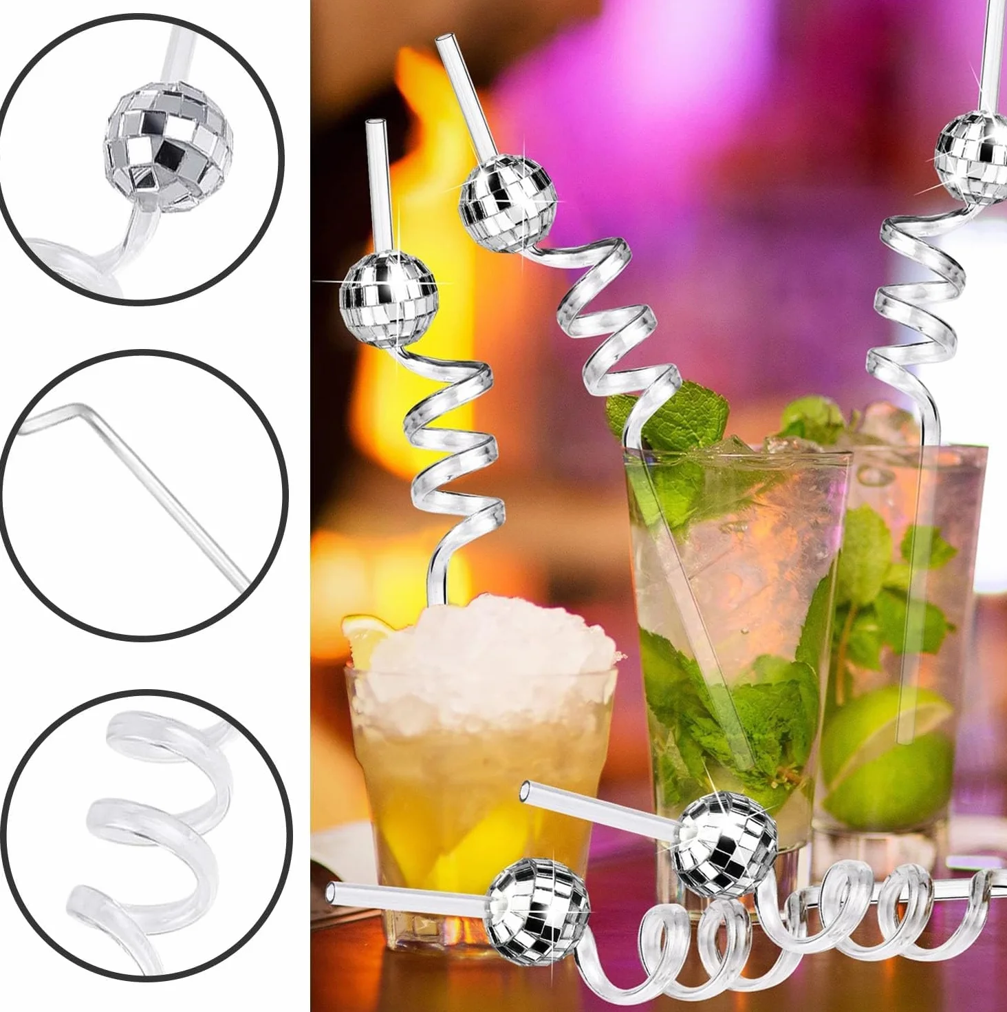 Cannucce con Sfera da Discoteca, mini Cannucce con Sfera a Specchio, Riutilizzabili, per Feste di Compleanno, Confezione da 12