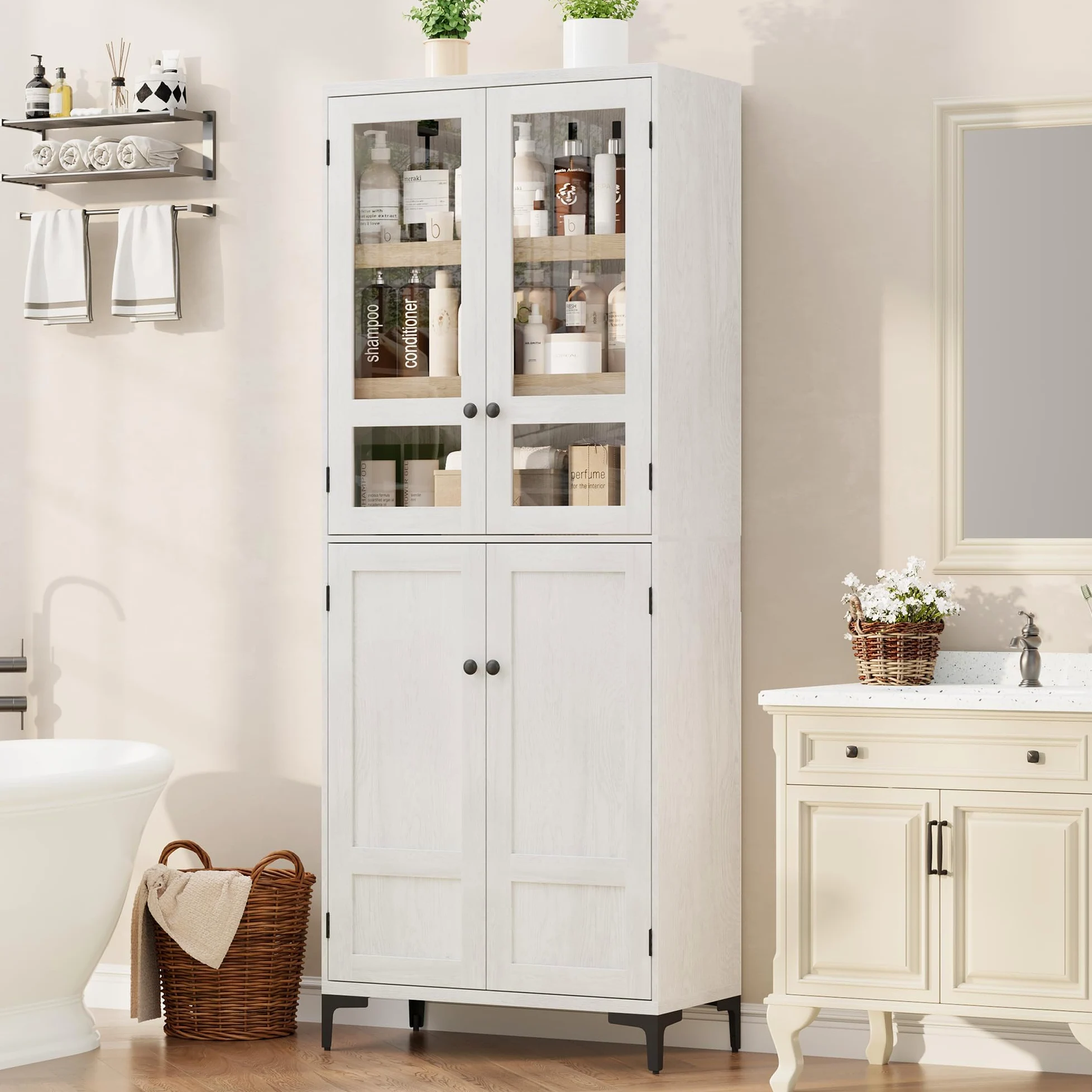 Mobile credenza ingresso alto 180 cm - 5 ripiani regolabili, ante in vetro - Armadio dispensa multiuso per cucina e bagno - Finitura bianco antico con interno legno naturale - Ante in vetro,