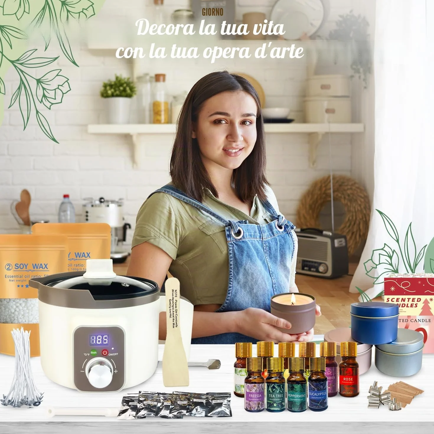 Kit per la creazione di candele fai da te in cera di soia con fusore elettrico e 12 barattoli