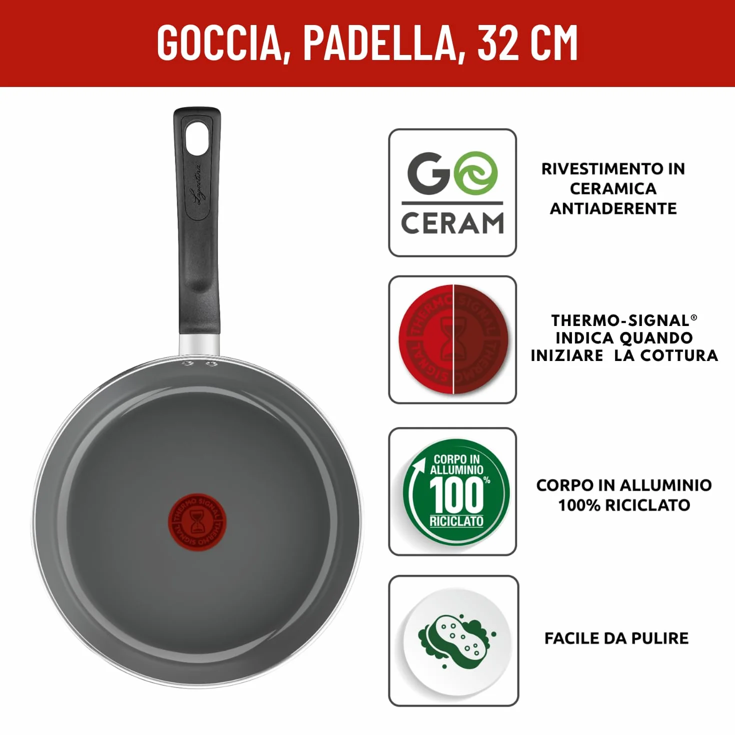 Lagostina Goccia Padella 32 cm, Rivestimento Ceramica Antiaderente, Thermo-Signal, Induzione
