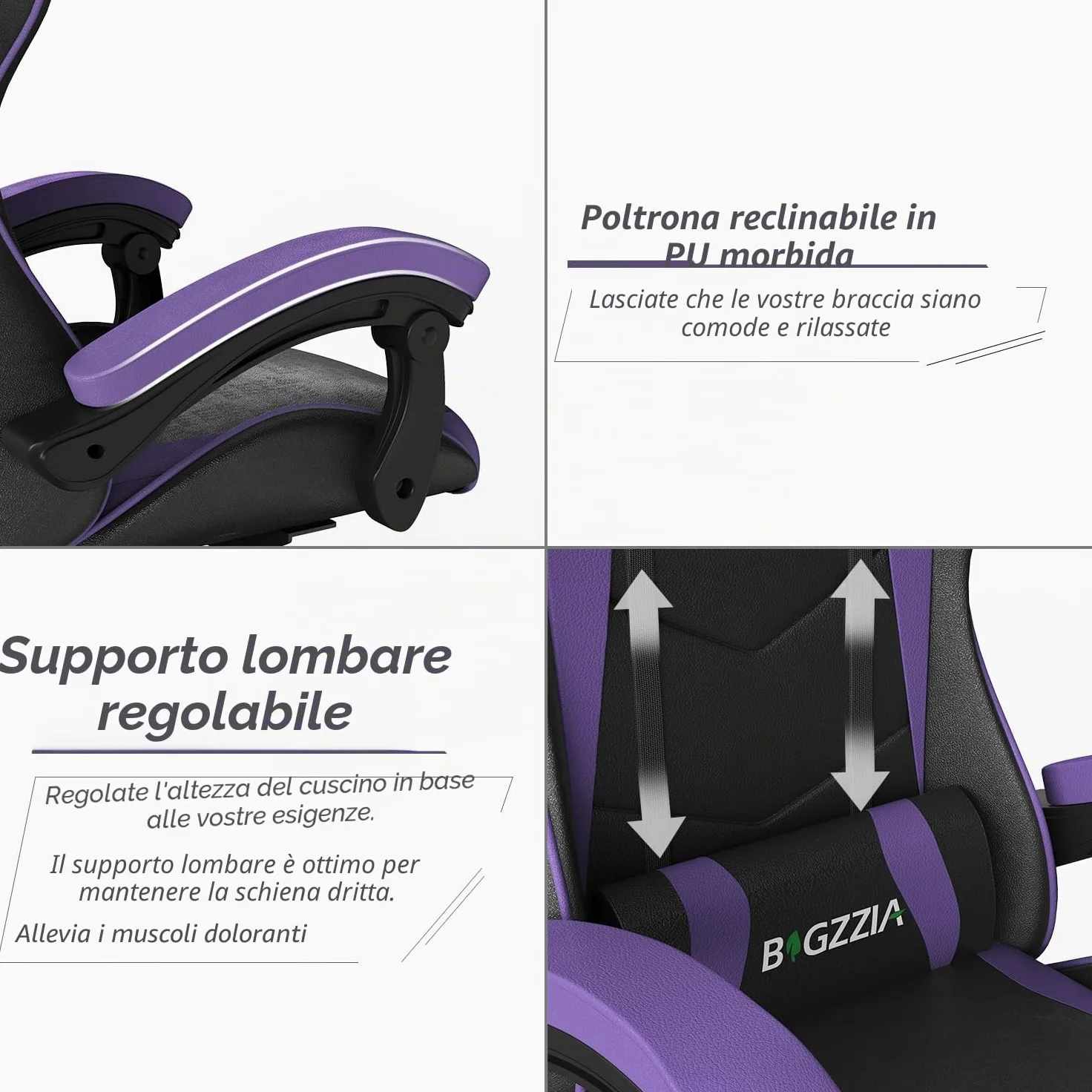 bigzzia Sedia da Gaming, Ergonomica, Per Gamer, con Cuscino Lombare e Poggiatesta, Regolabile in Altezza, Sedia Per Computer, Per Ufficio (Viola)