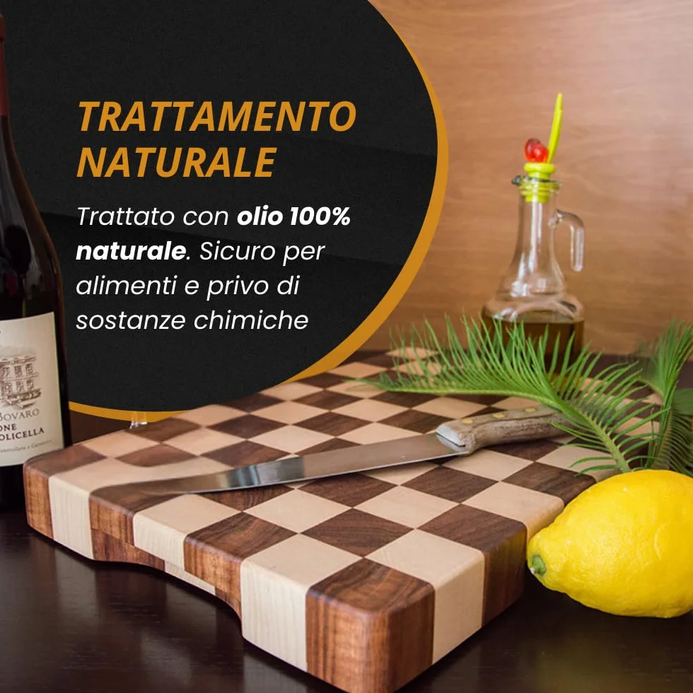 Arte del Legno, Tagliere da Cucina in Legno Professionale dim. 40x40xh4.5- con Venatura a Scacchi, Tagliere Massello di Acero e Mogano con Olio Naturale - Stabile e Antiscivolo