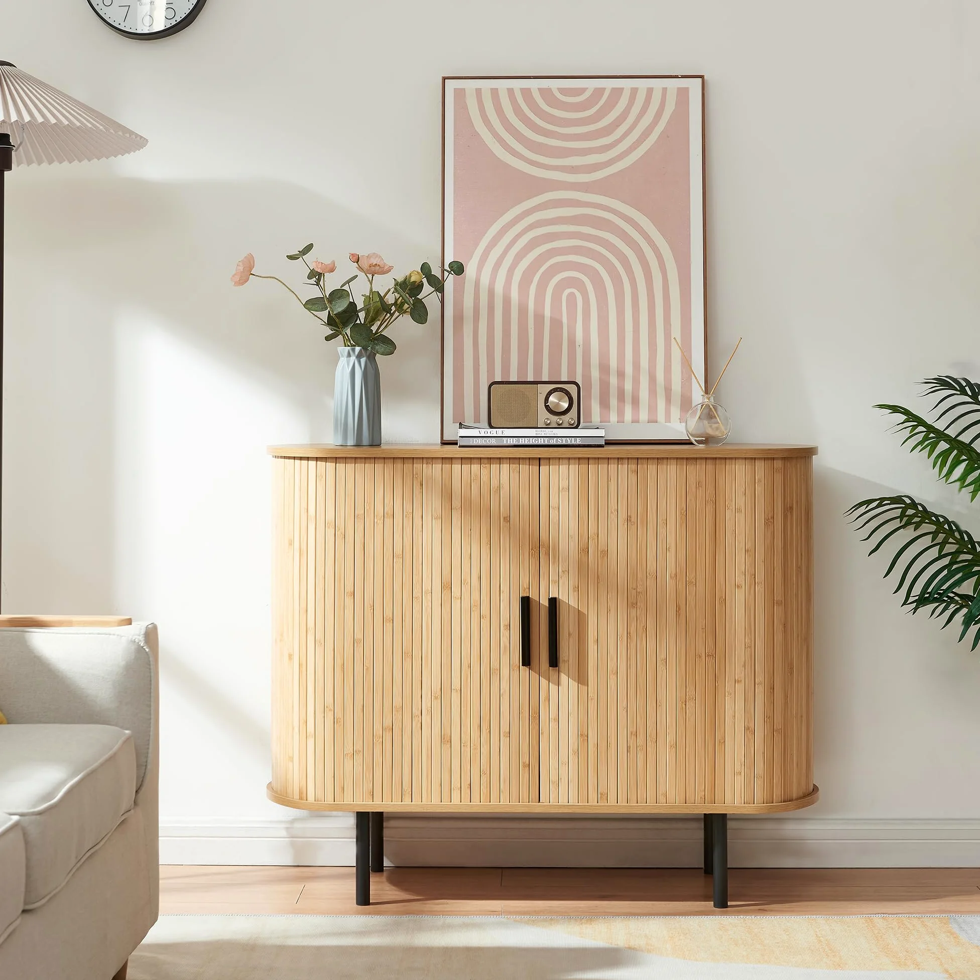 [en.casa] Mobile Multiuso a 2 Ante Scorrevoli in Bambù Scarpiera con 3 Ripiani Vani Portascarpe Comò Stretto Piano Ovale per Ingresso Soggiorno Camera da Letto 100x40x80 cm - Naturale/Nero