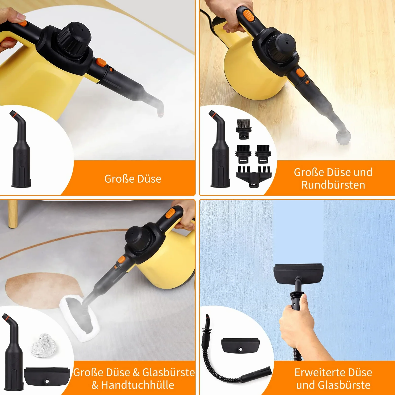 EAVE Pulitore a Vapore Portatile, 110℃ Vaporetto Portatile per una Pulizia Efficiente, Versatile Vaporetto con 10 Accessori e un Cavo 5 m, per Divani, Tappeti, Fessure, Pulizia Senza Chimica (Giallo)