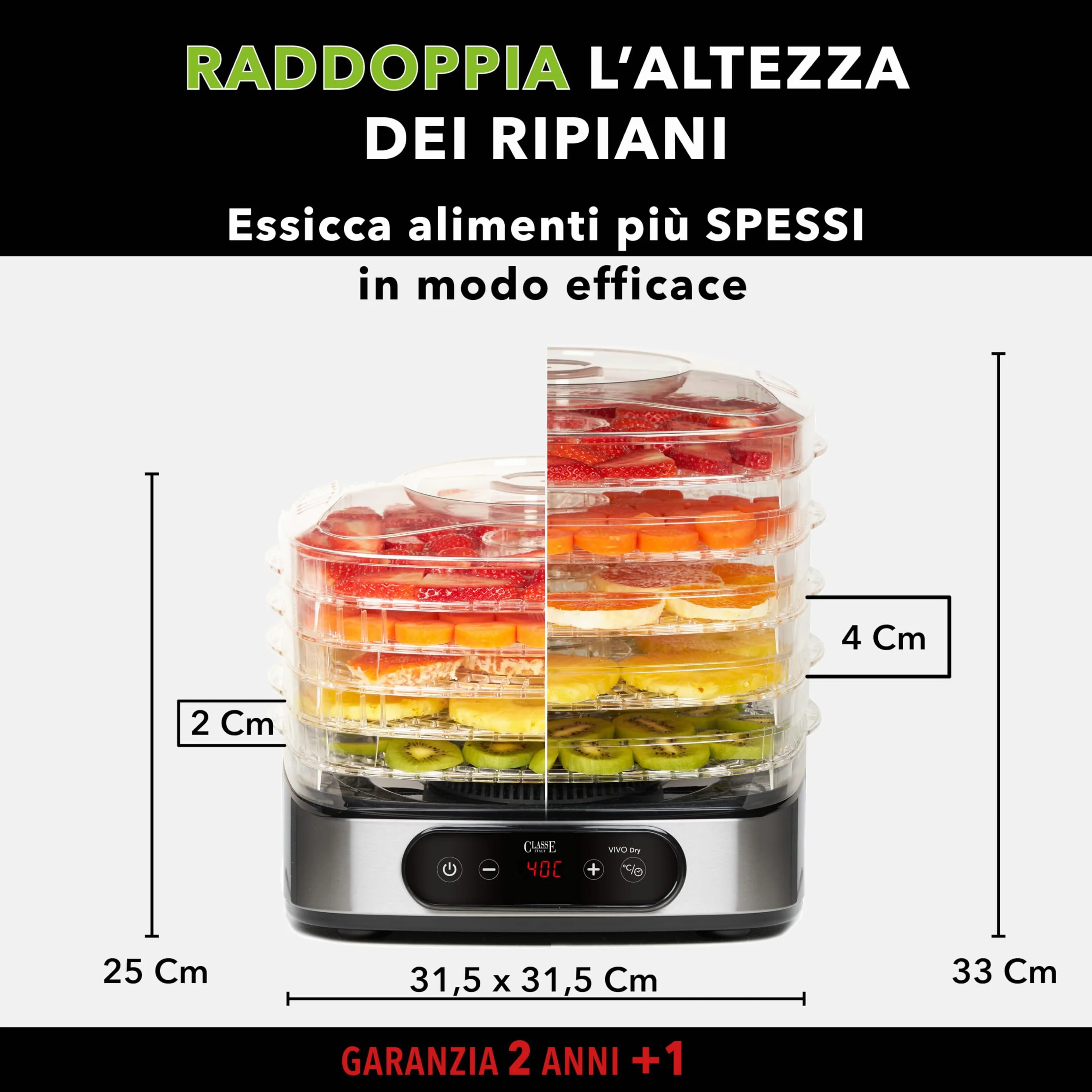 Classe Italy | Essiccatore Alimentare, Consumi Bassi, Senza BPA, GARANZIA 5 ANNI, Essiccatore Funghi, Frutta, Verdura, Carne, Pesce, Frutta secca, 380 W, 23 Litri, Acciaio